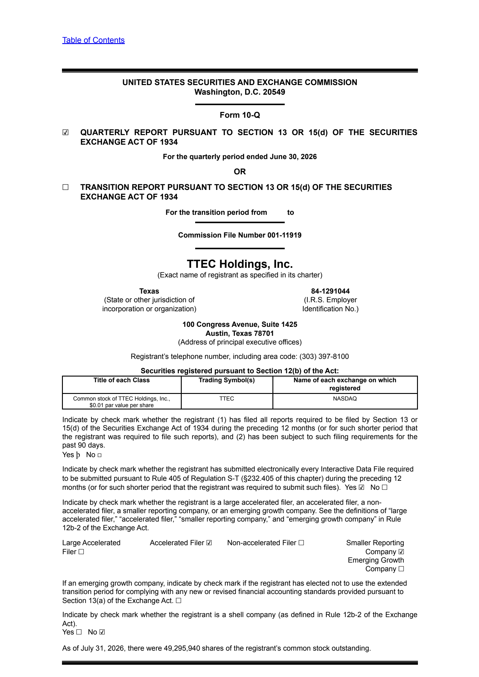 TeleTech's Q2 2026 Quarterly report