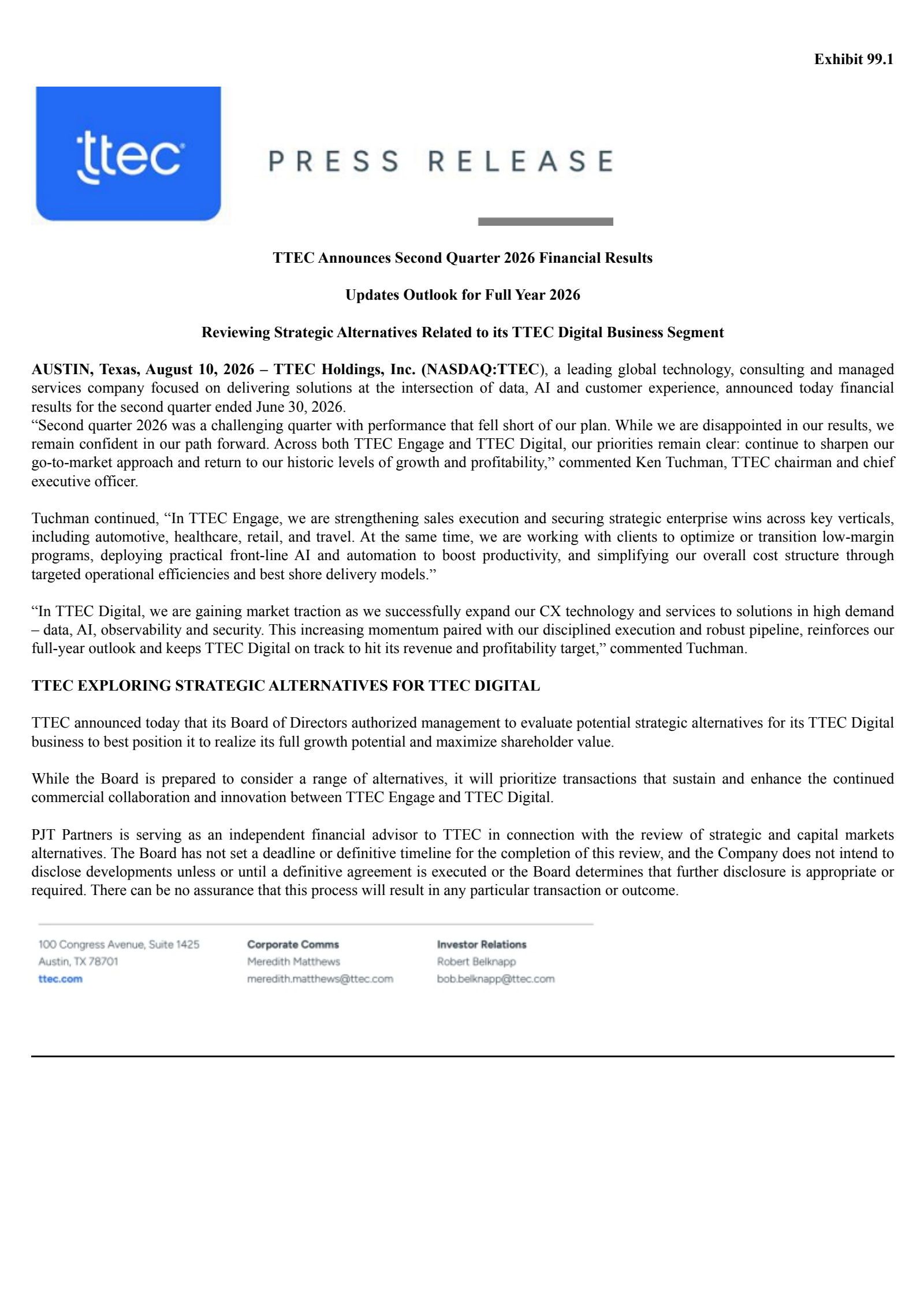 TeleTech's Q2 2026 Press Release