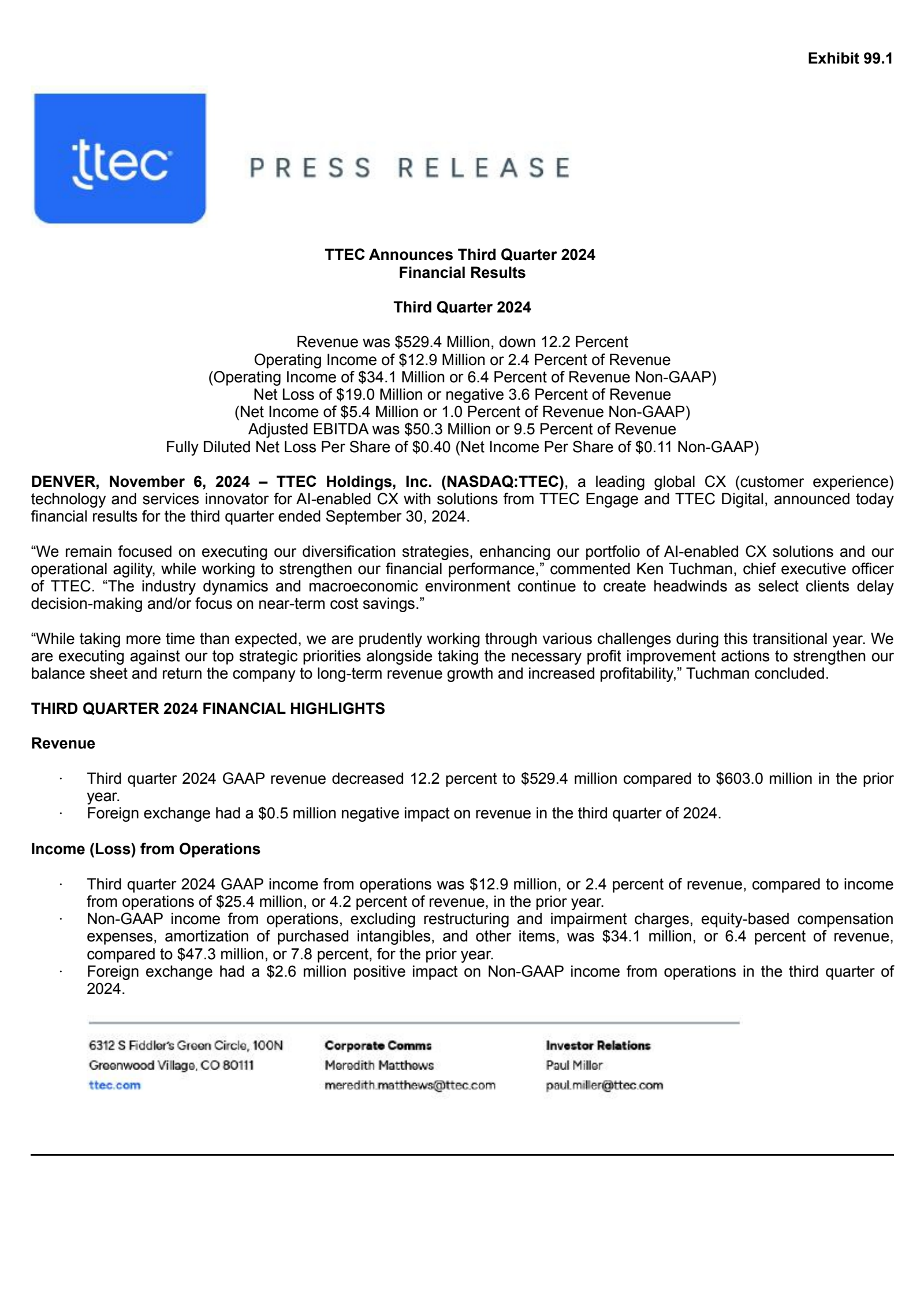 TeleTech's Q3 2024 Press Release