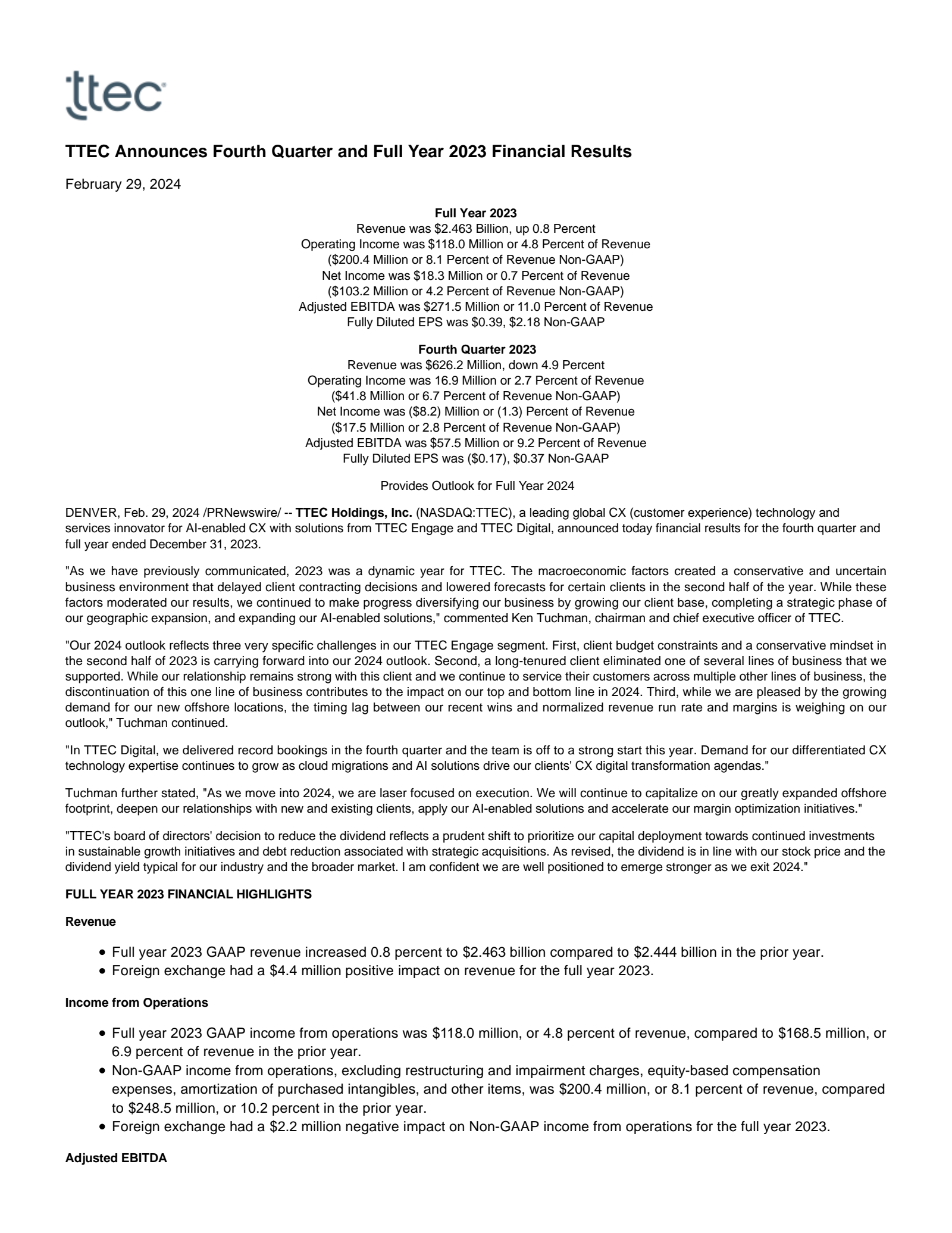TTEC's Q4 2023 Press Release
