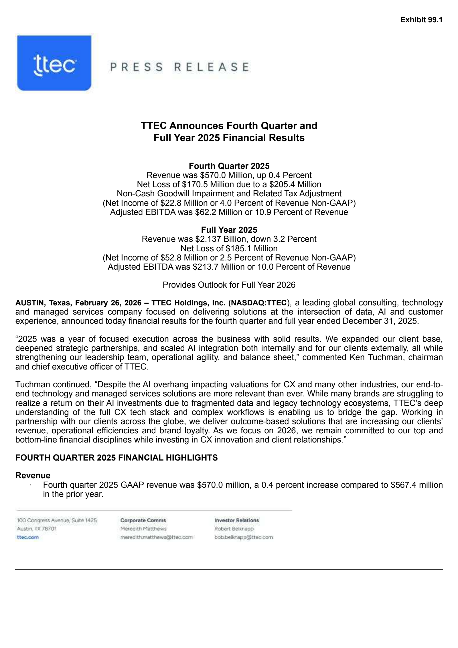 TeleTech's Q4 2025 Press Release