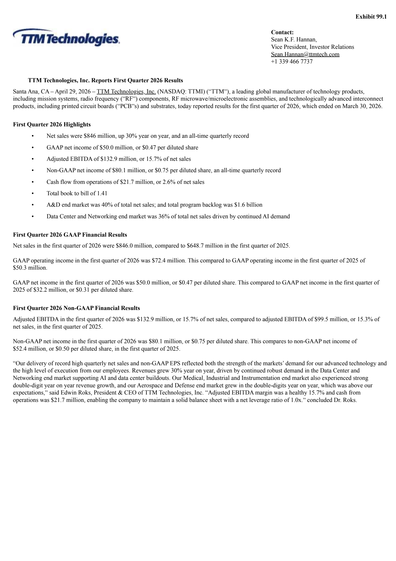 TTM Technologies' Q1 2026 Press Release