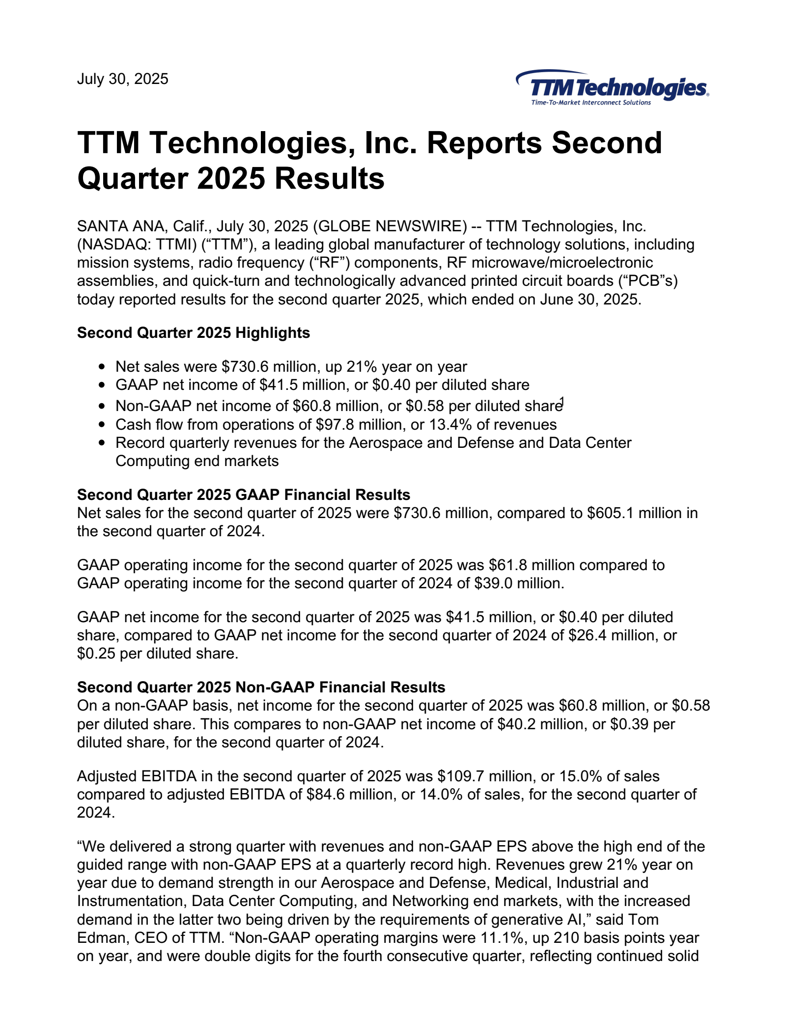 TTM Technologies' Q2 2025 Press Release