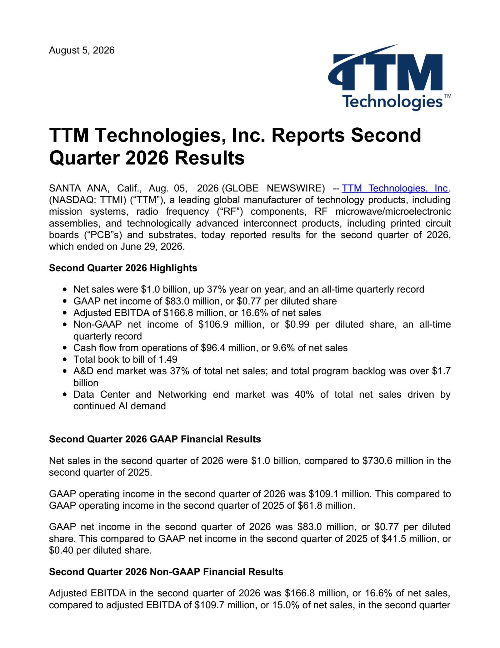 TTM Technologies' Q2 2026 Press Release