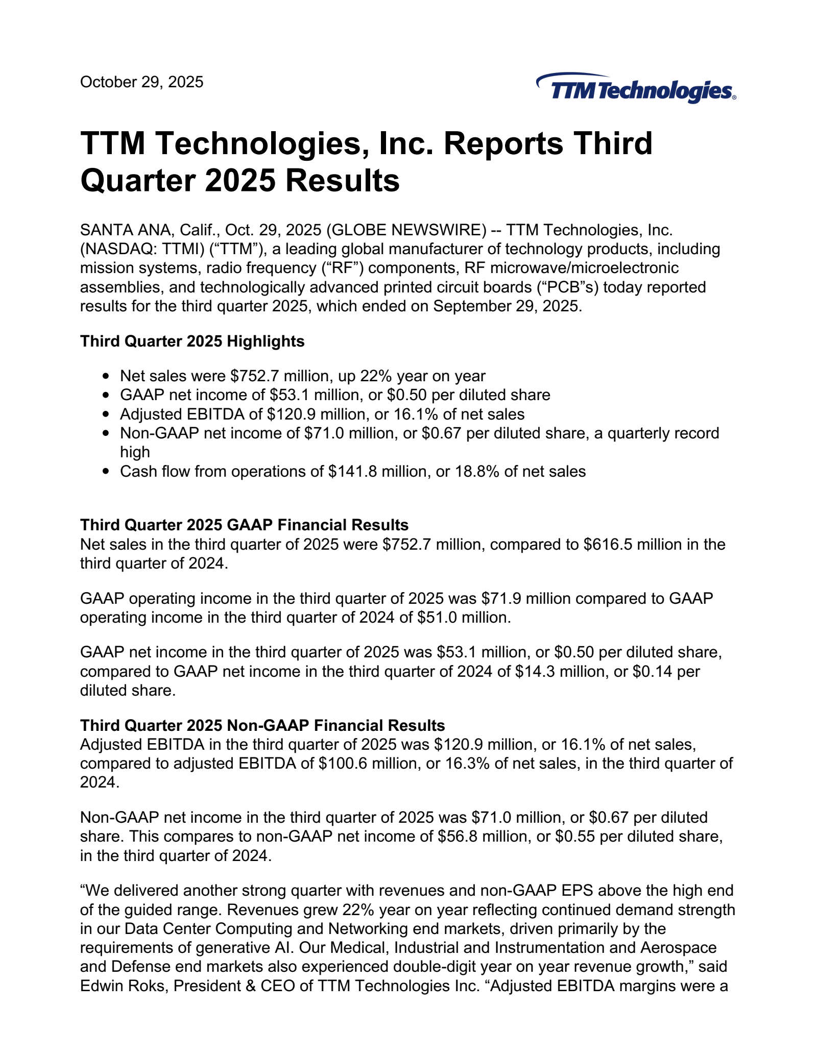 TTM Technologies' Q3 2025 Earnings Release