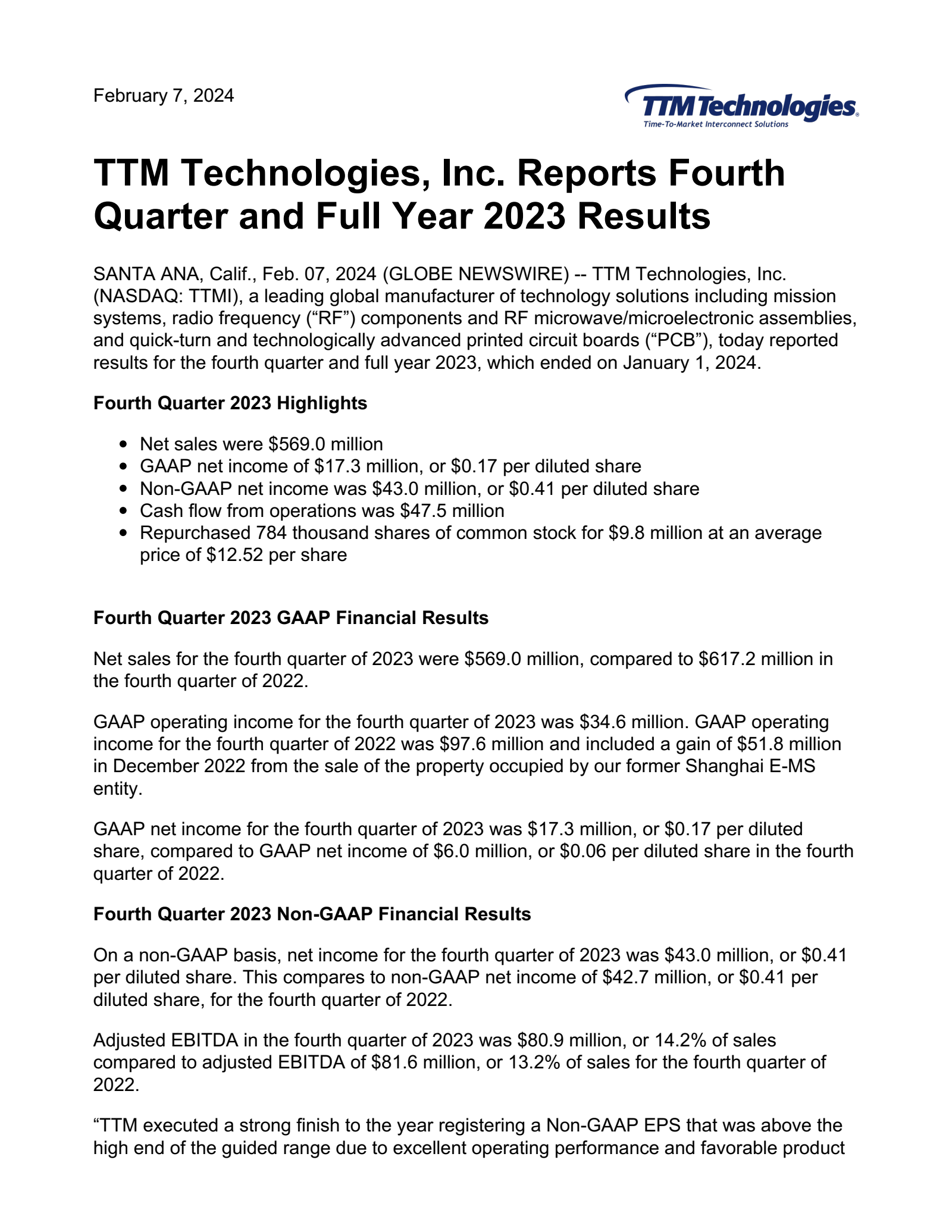 TTM Technologies' Q4 2023 Press Release