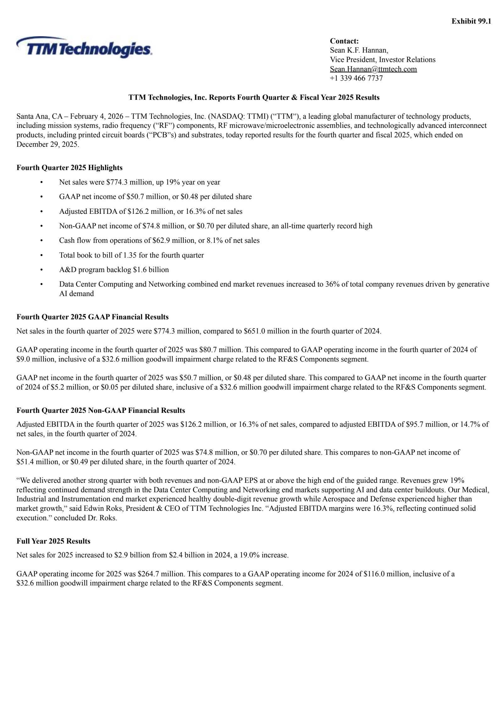 TTM Technologies' Q4 2025 Press Release