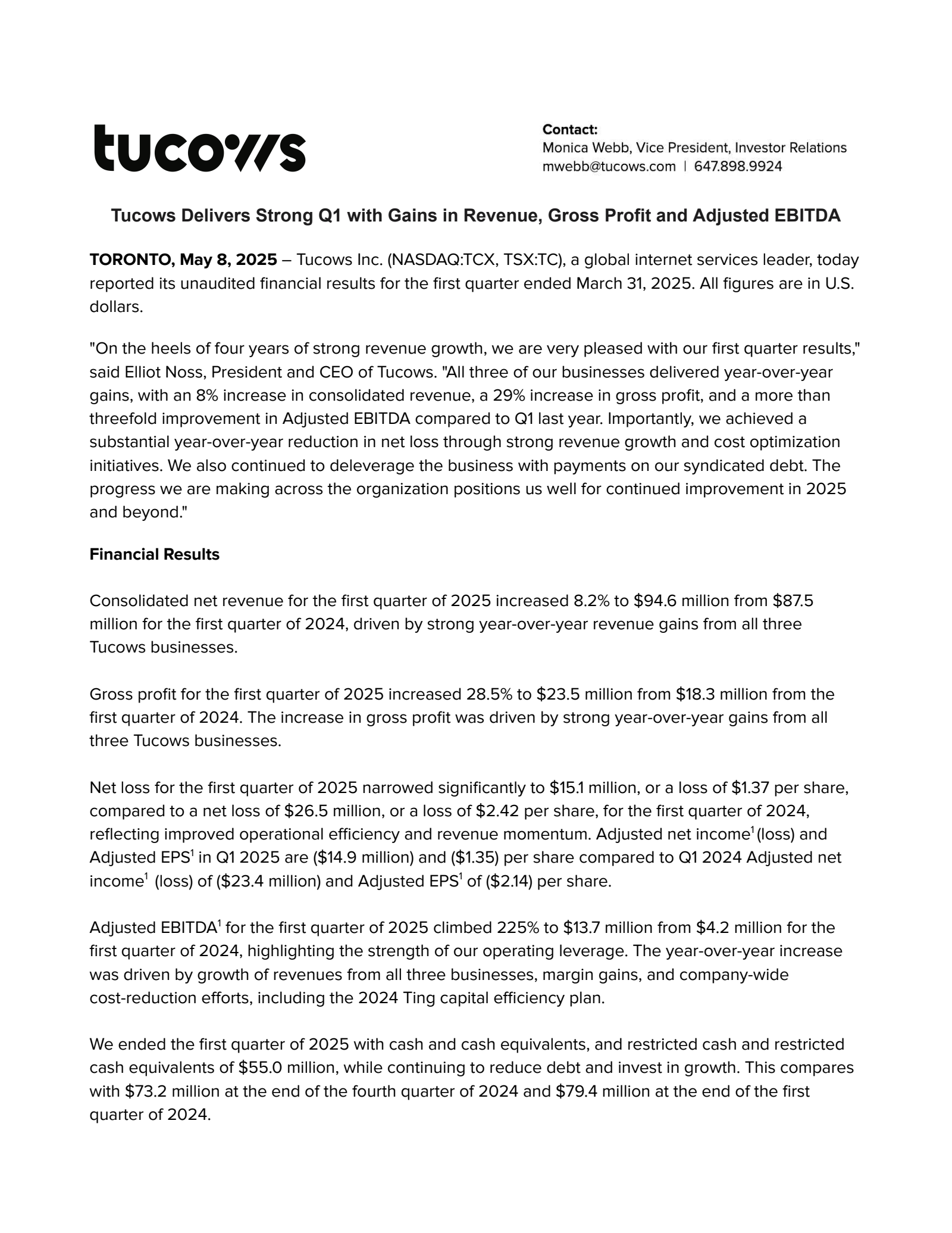 Tucows' Q1 2025 Prepared Remarks Earnings Release