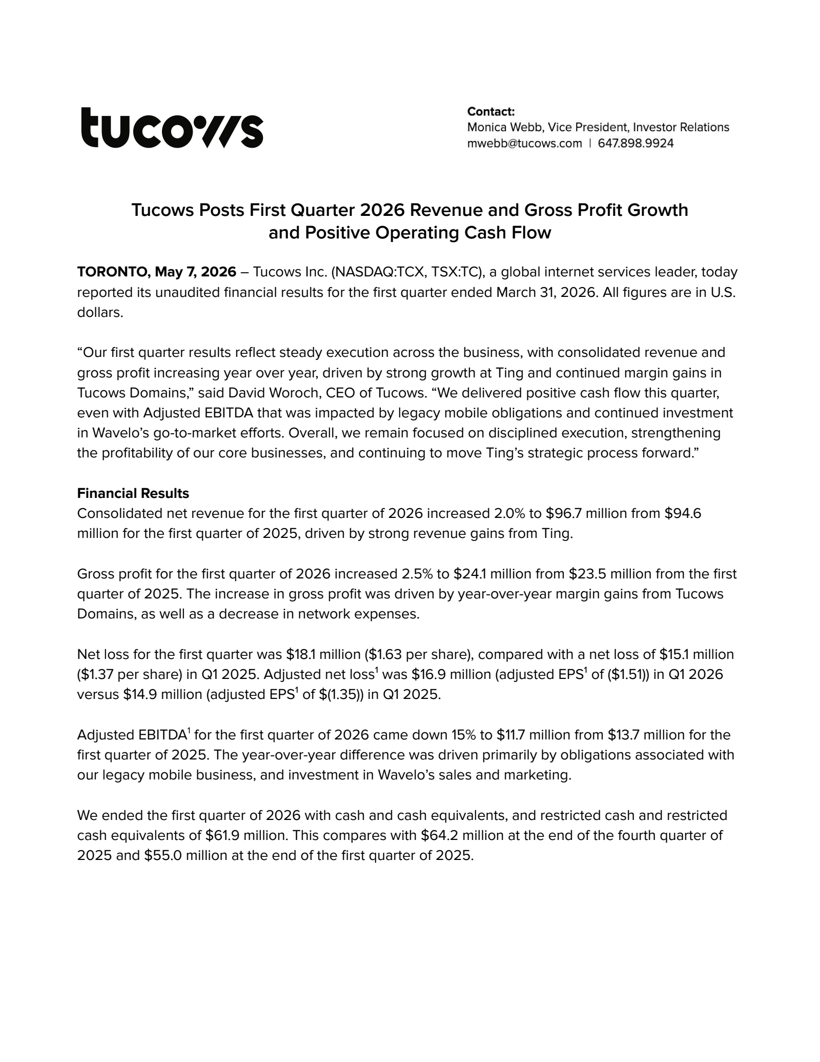 Tucows' Q1 2026 Prepared Remarks Press Release
