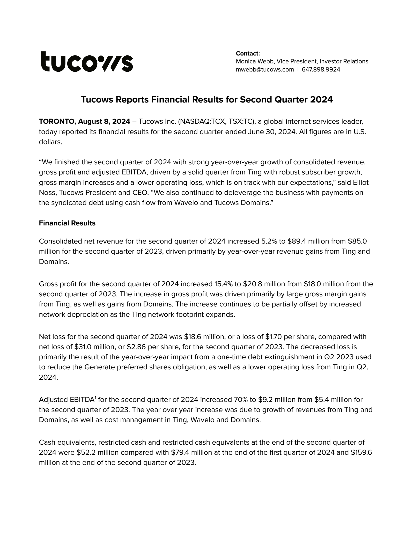 Tucows Enom TCX Q2 2024 Prepared Remarks Earnings Report on 8/8/2024