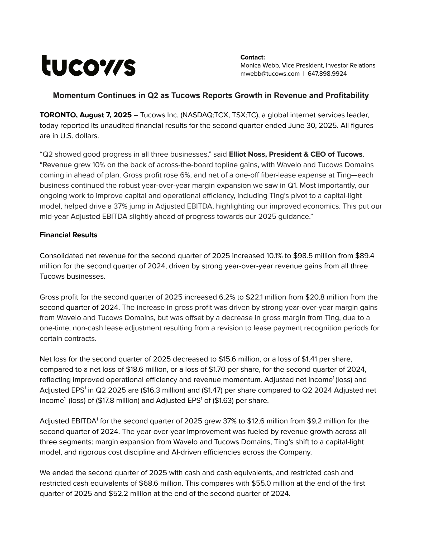 Tucows' Q2 2025 Prepared Remarks Press Release