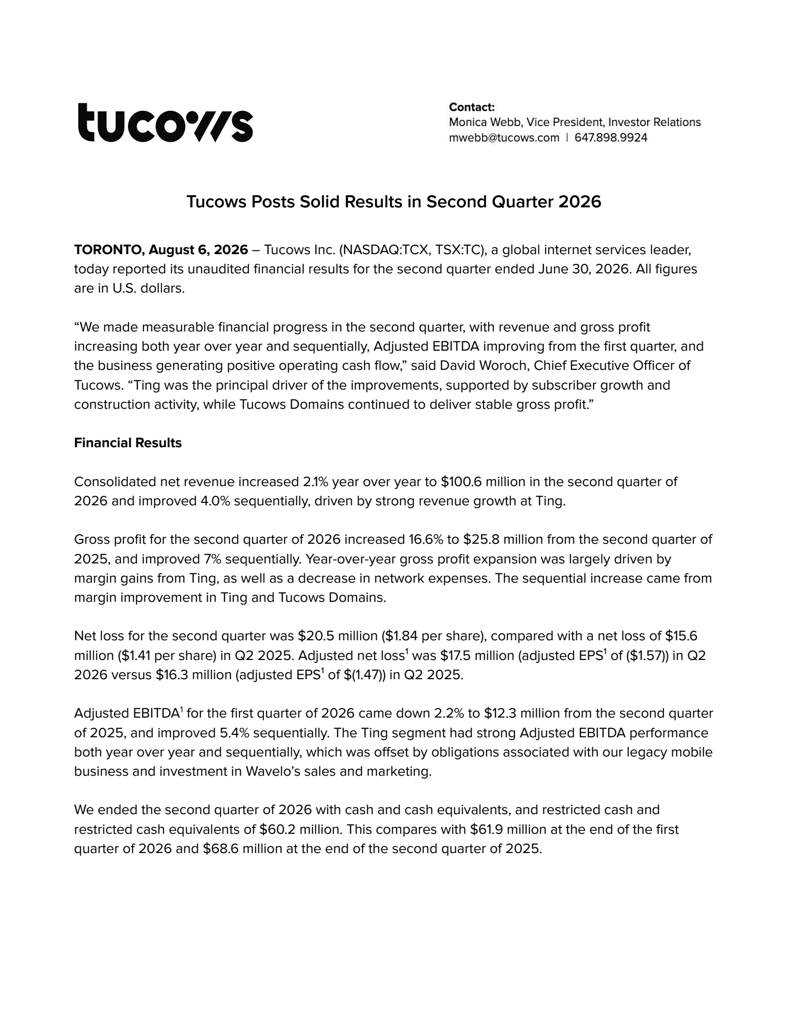 Tucows' Q2 2026 Prepared Remarks Press Release
