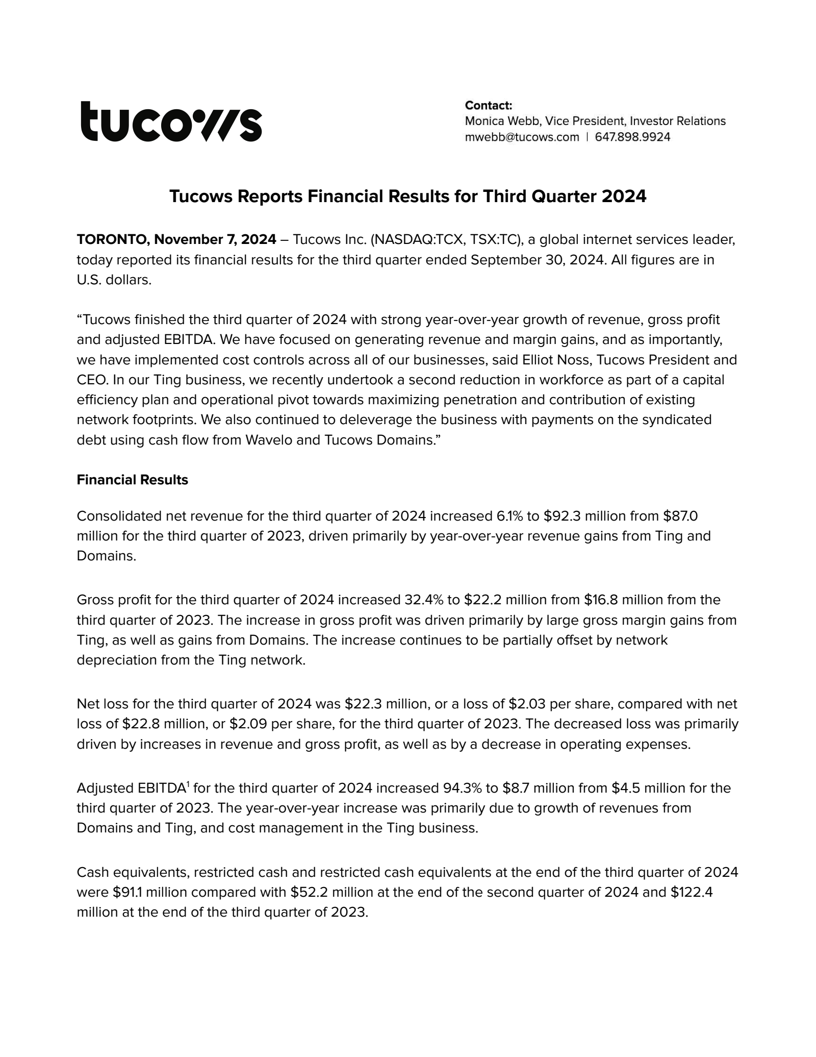 Tucows' Q3 2024 Prepared Remarks Earnings Release