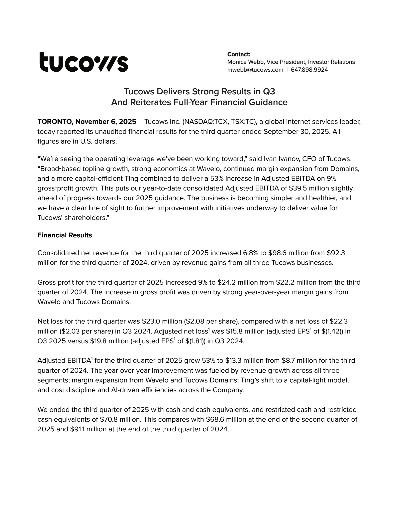 Tucows' Q3 2025 Prepared Remarks Earnings Release