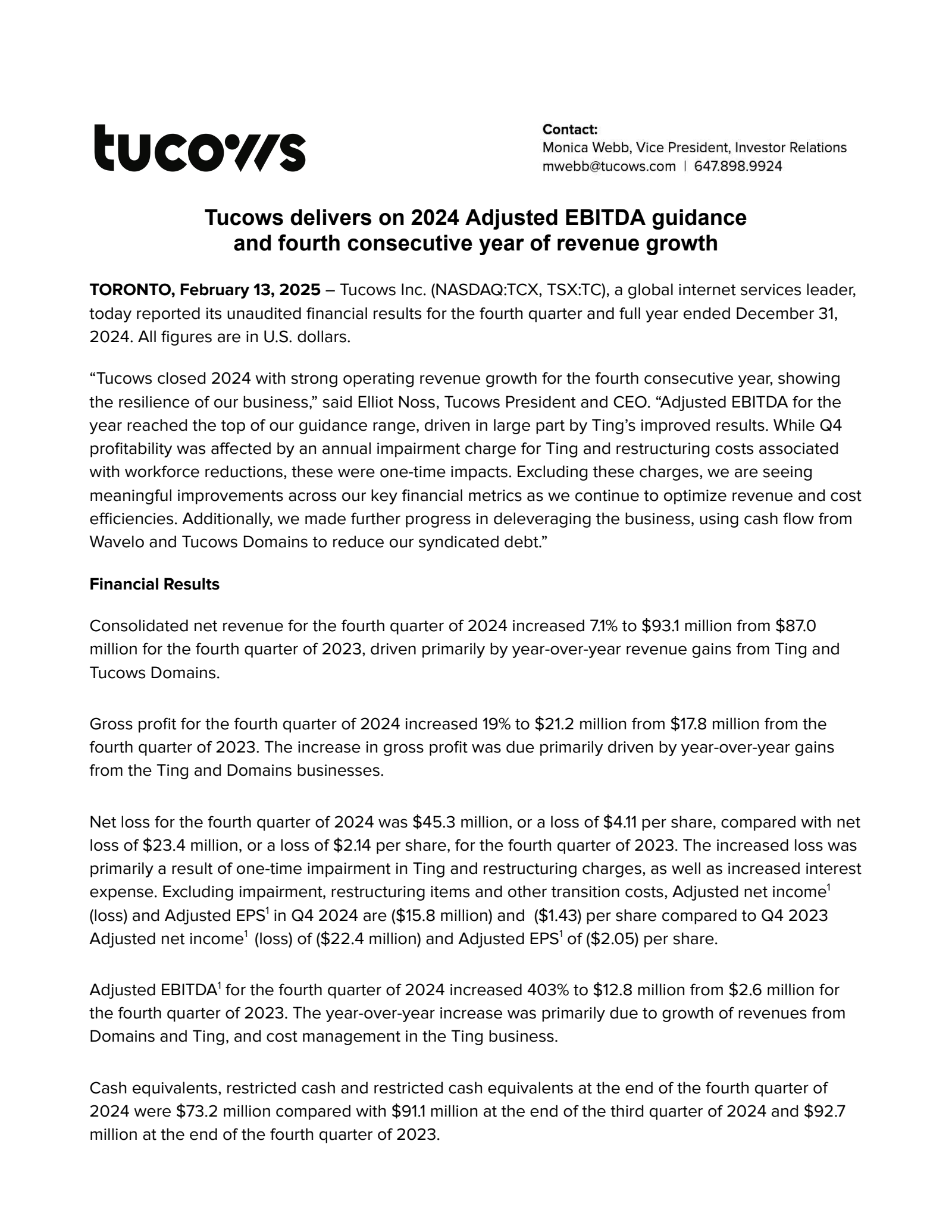 Tucows' Q4 2024 Prepared Remarks Earnings Release