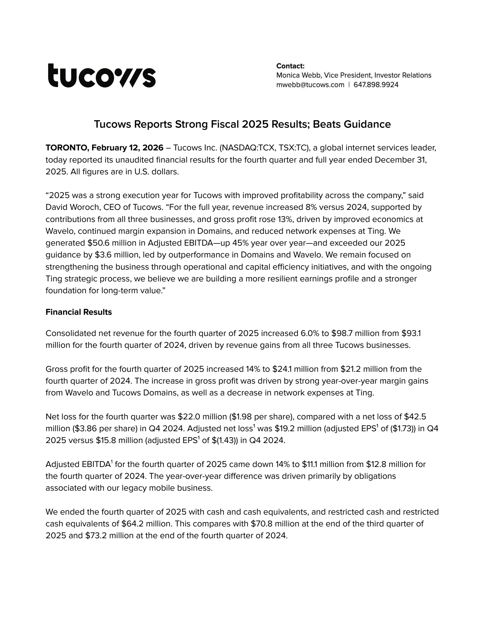 Tucows' Q4 2025 Prepared Remarks Press Release