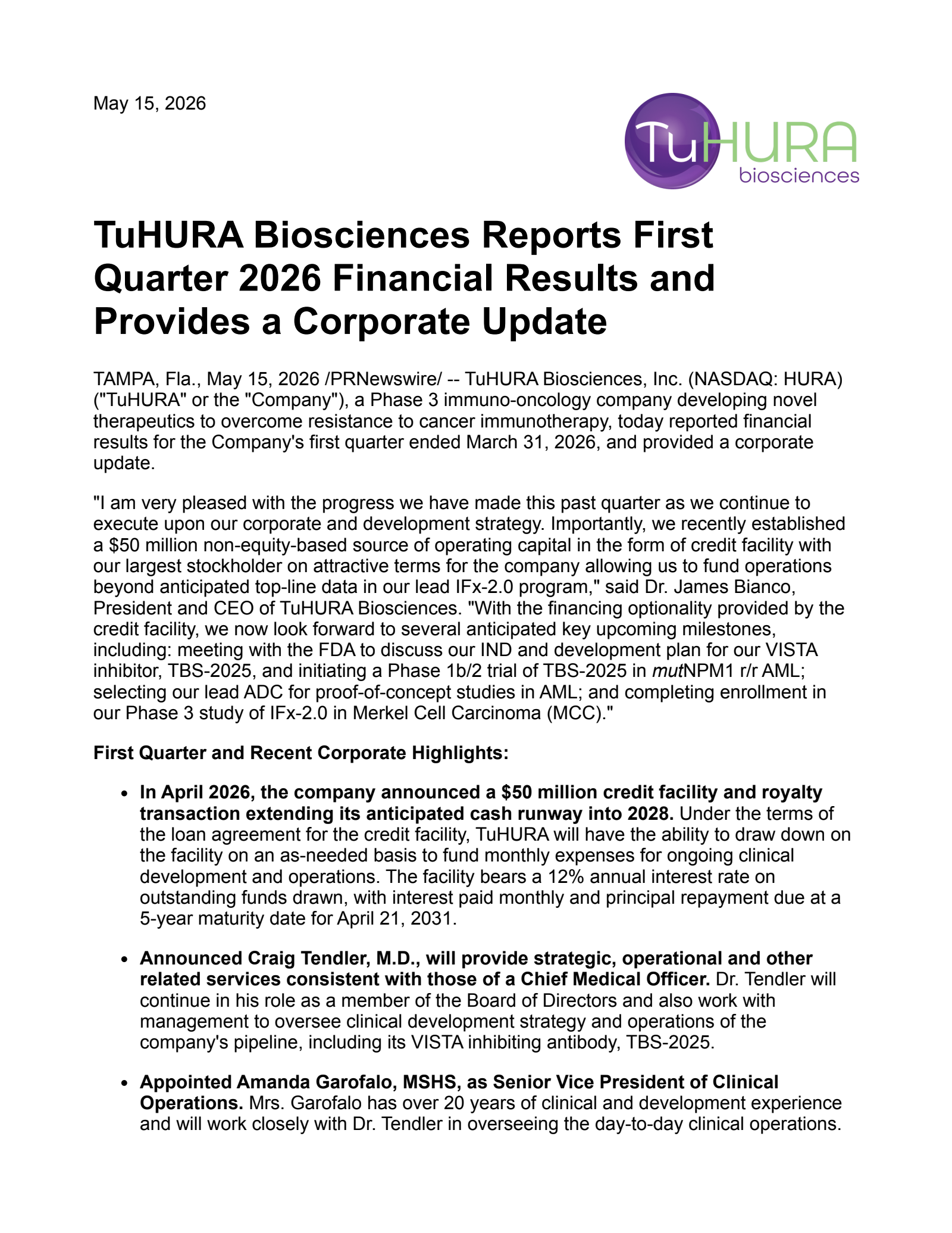 TuHURA Biosciences' Q1 2026 Press Release