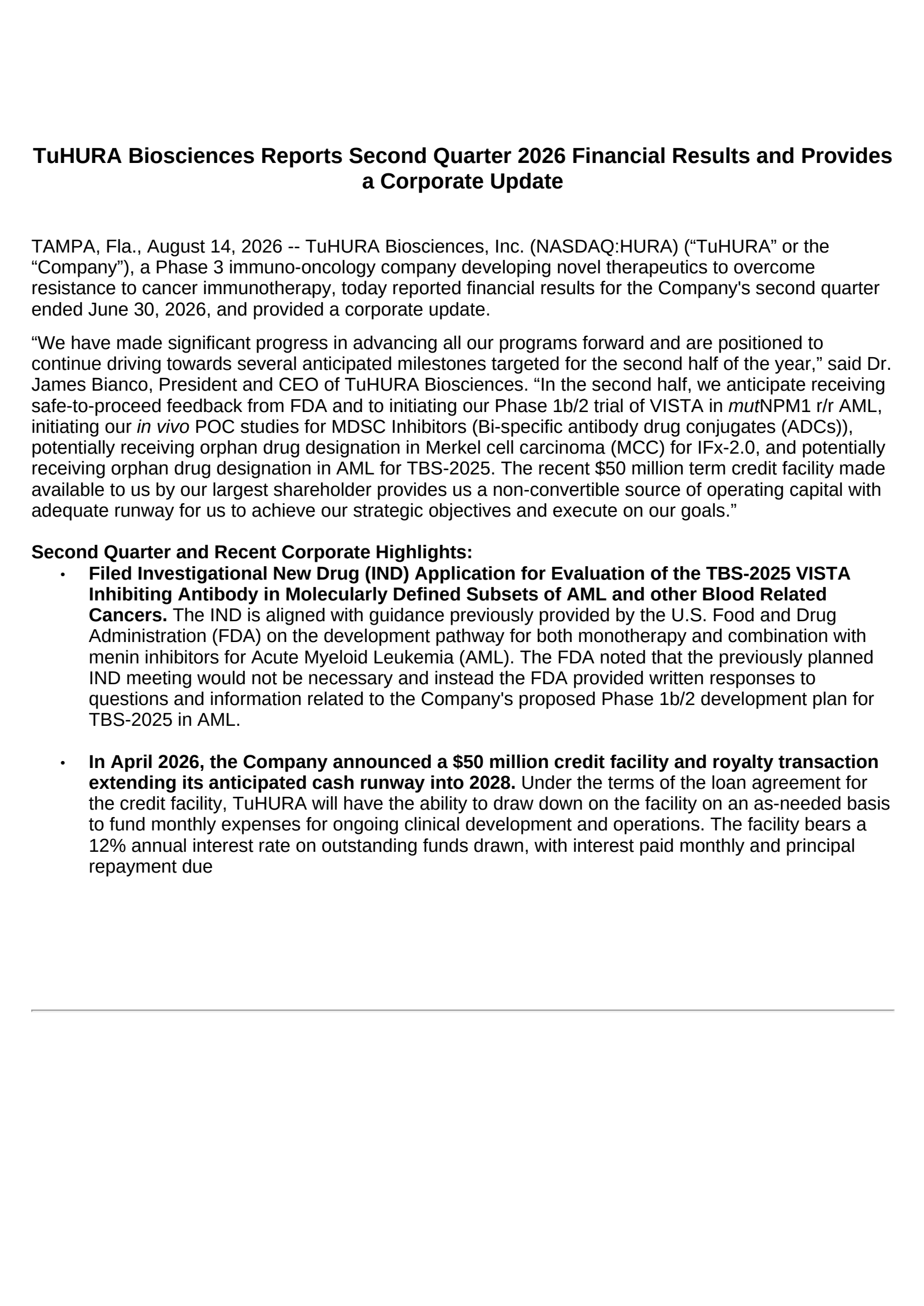 TuHURA Biosciences' Q2 2026 Press Release