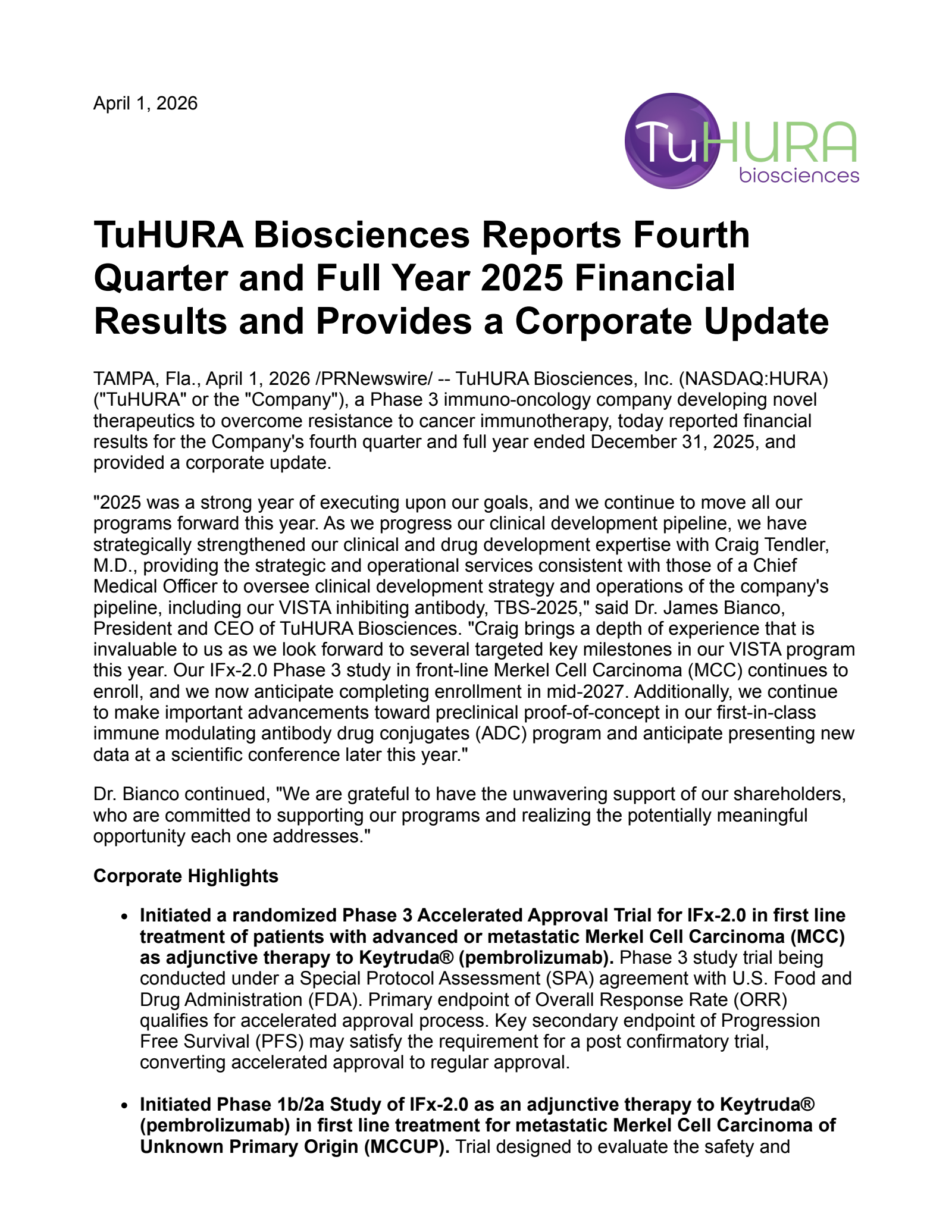TuHURA Biosciences' Q4 2025 Press Release