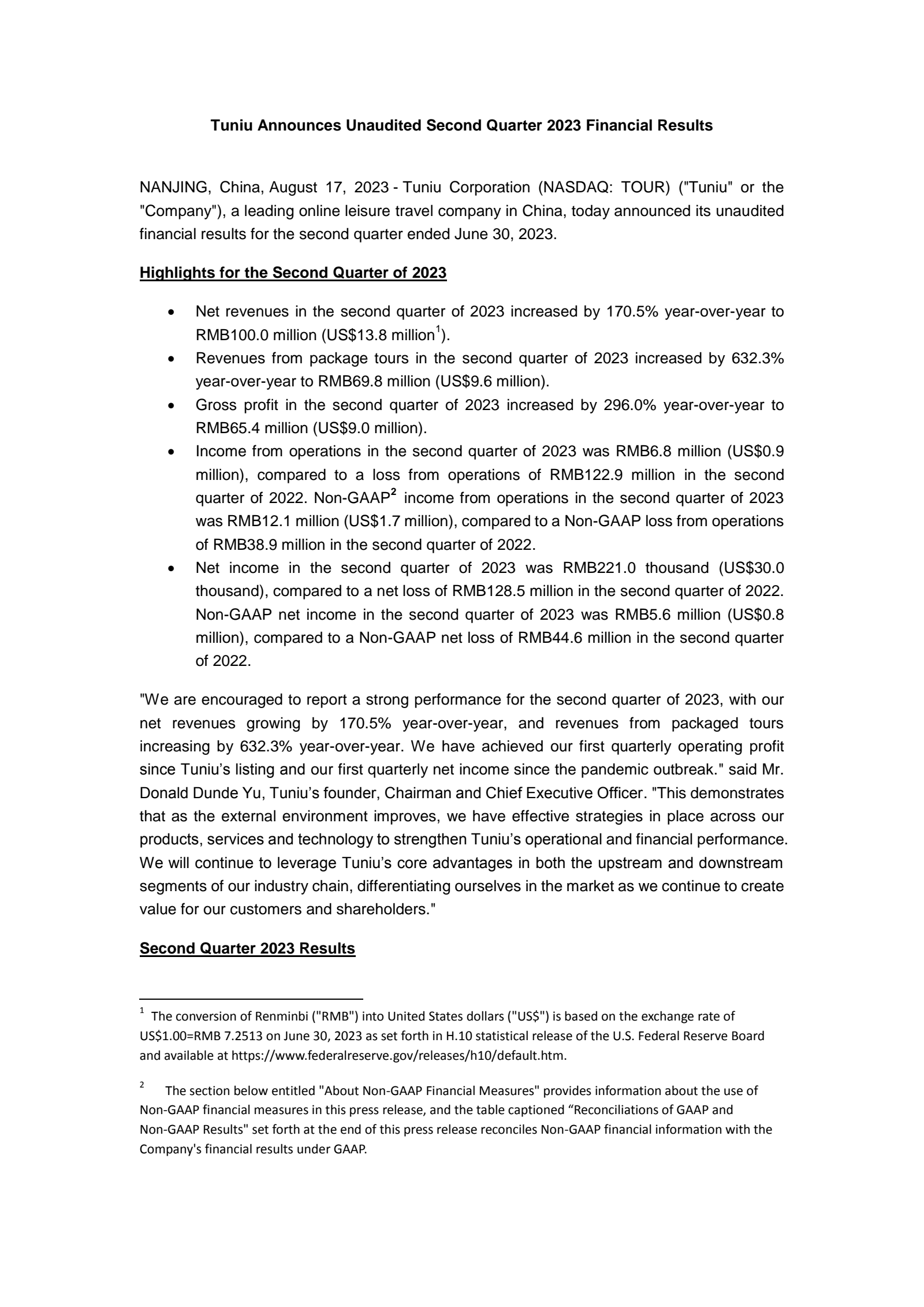 Tuniu's Q2 2023 Press Release