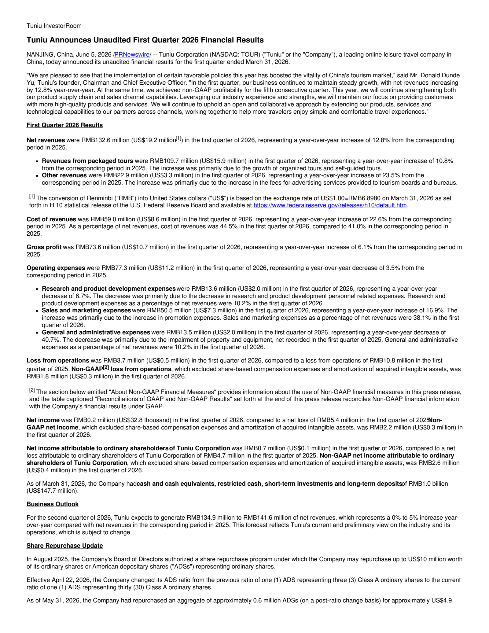 Tuniu's Q1 2026 Press Release