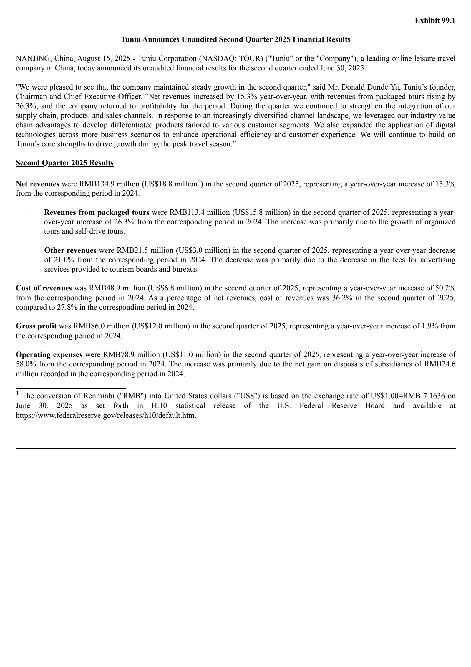 Tuniu's Q2 2025 Press Release