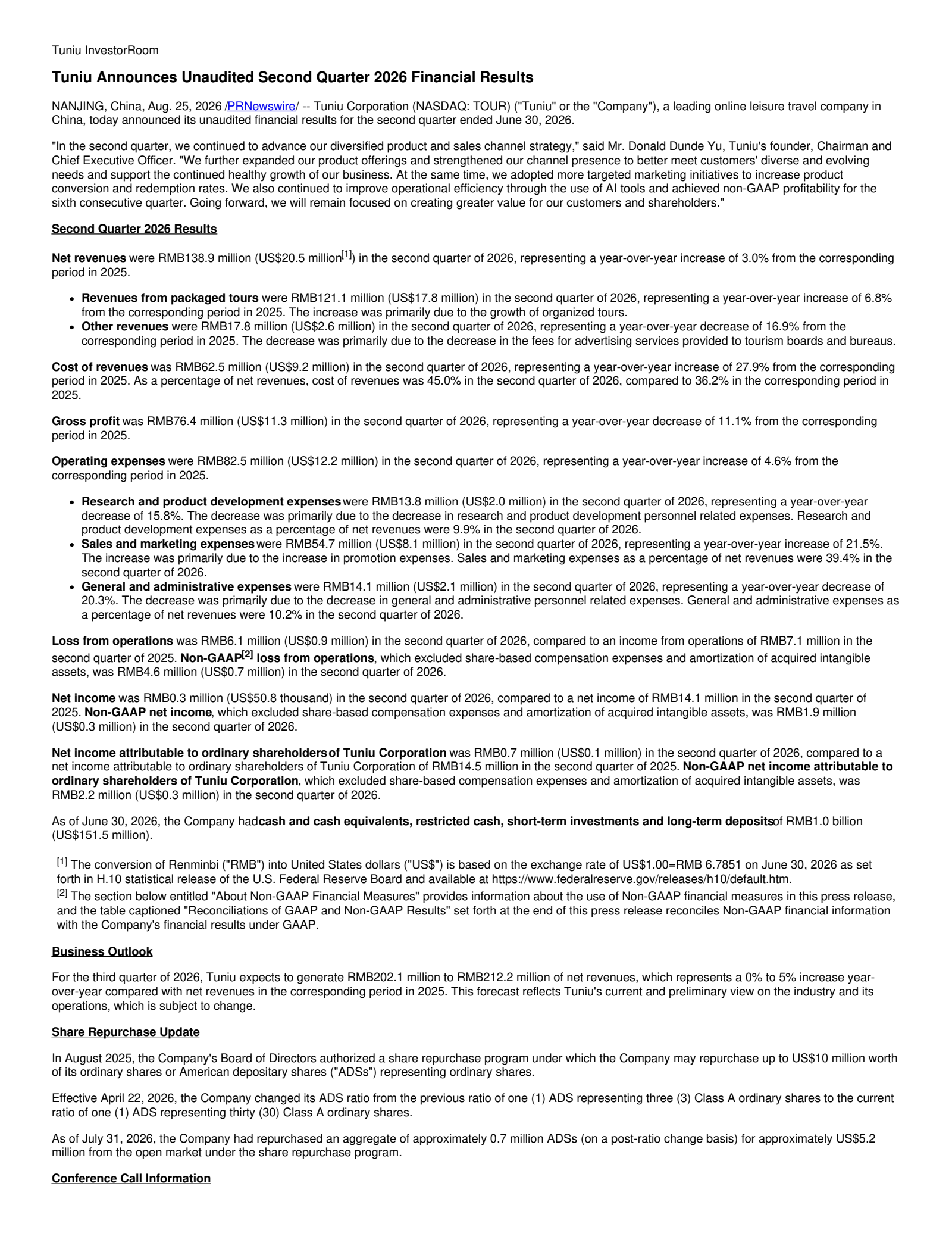 Tuniu's Q2 2026 Press Release