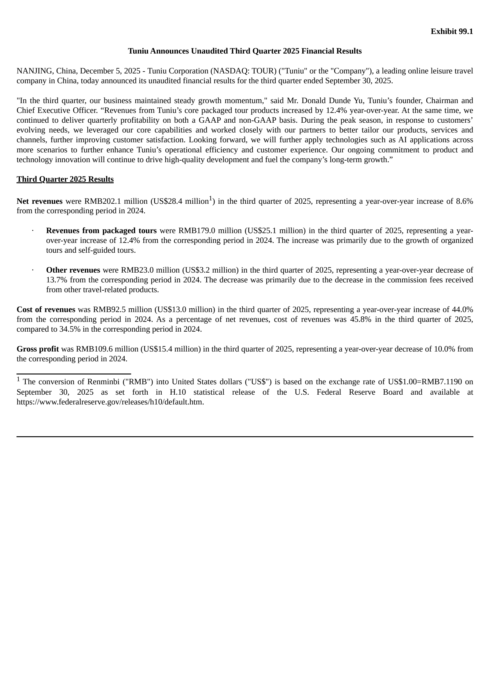 Tuniu's Q3 2025 Earnings Release