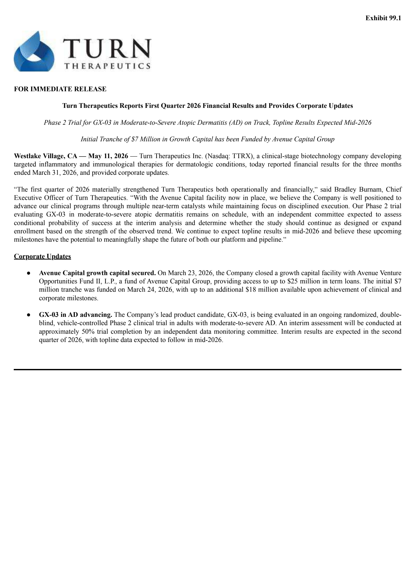 Turn Therapeutics' Q1 2026 Press Release