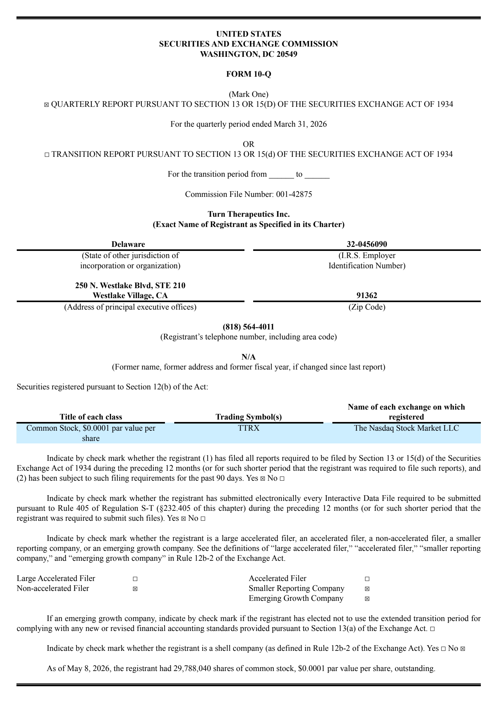 Turn Therapeutics' Q1 2026 Quarterly report