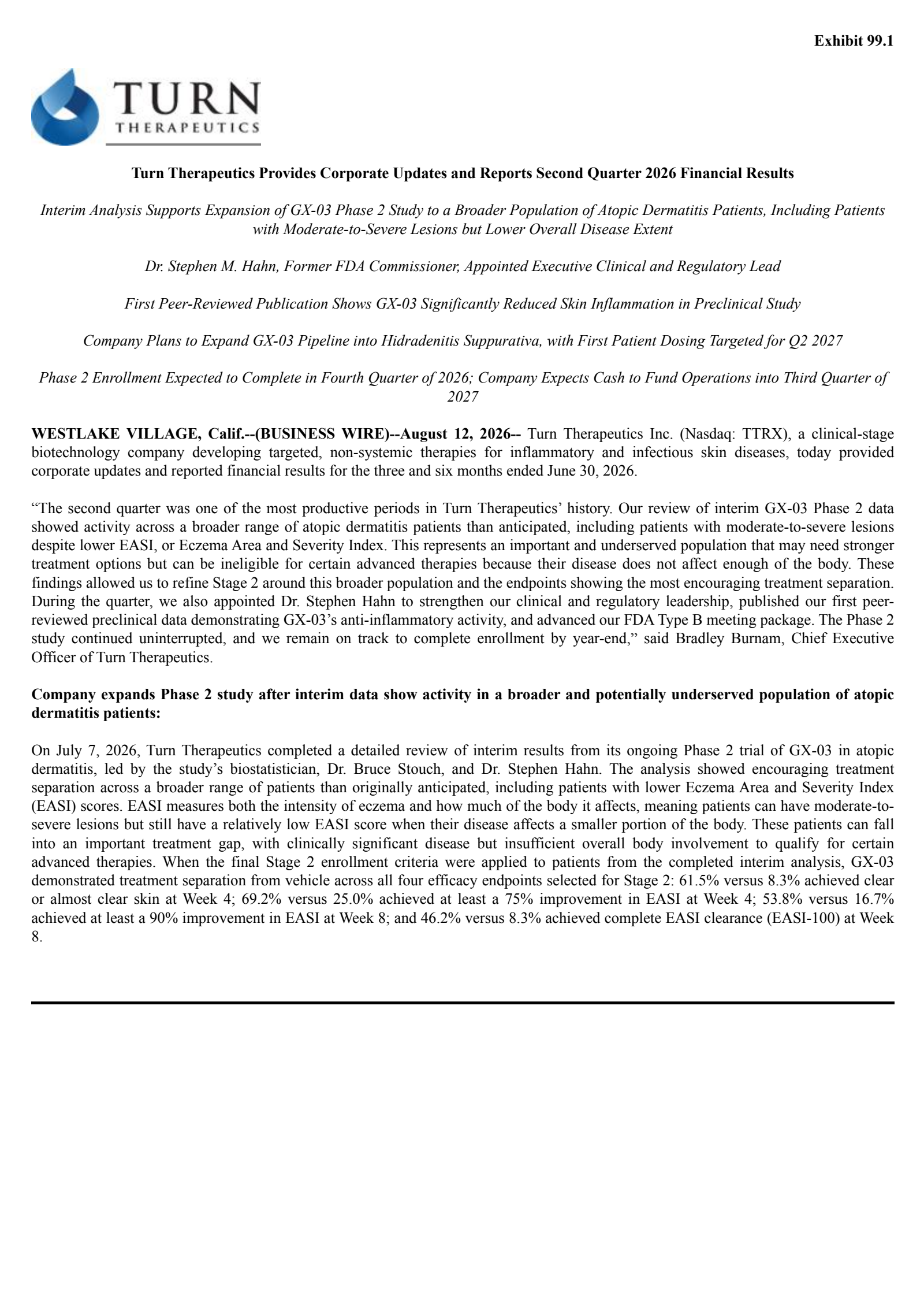 Turn Therapeutics' Q2 2026 Press Release