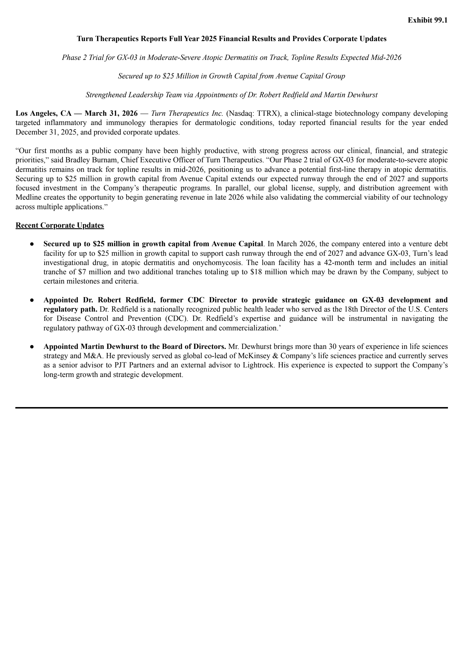 Turn Therapeutics' Q4 2025 Press Release