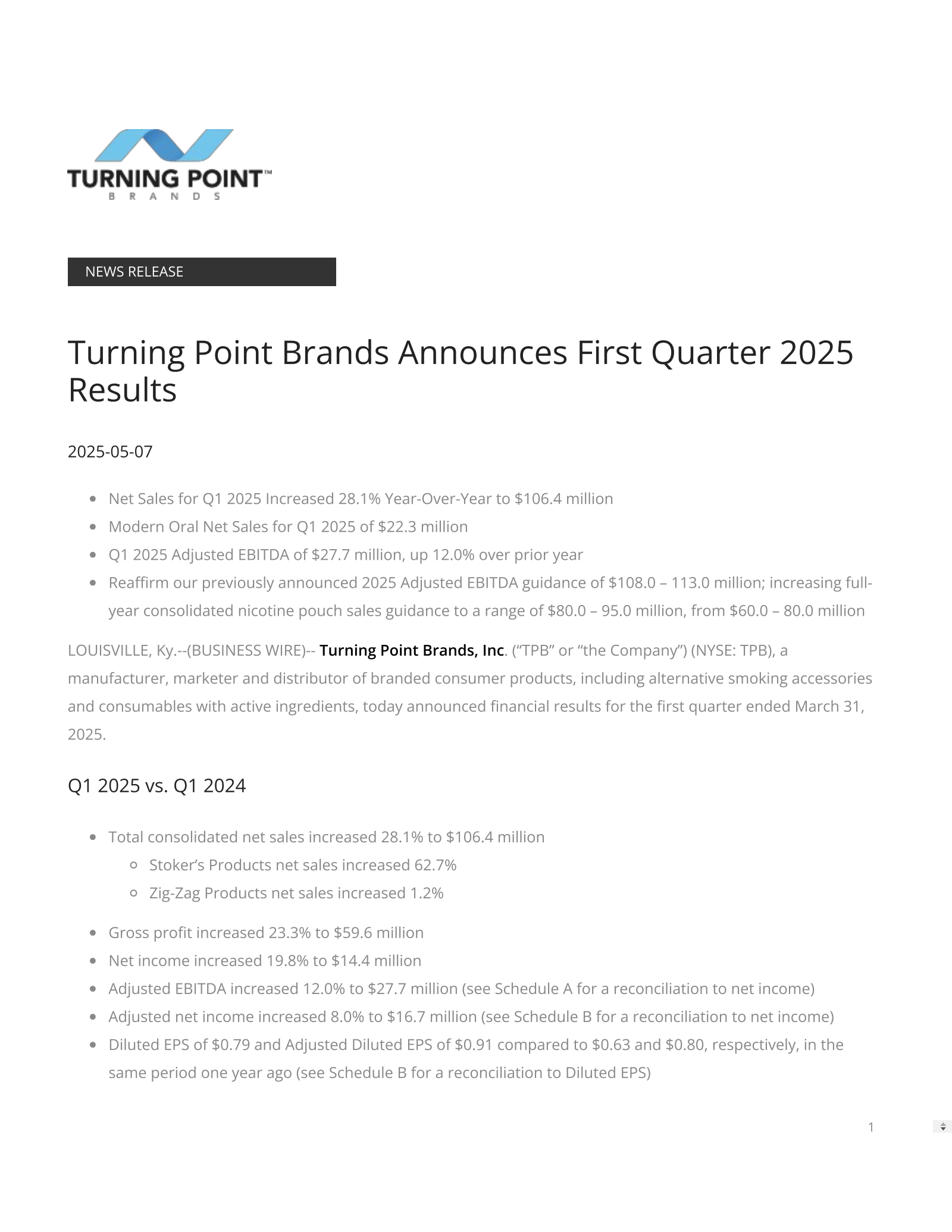 Turning Point Brands' Q1 2025 Press Release