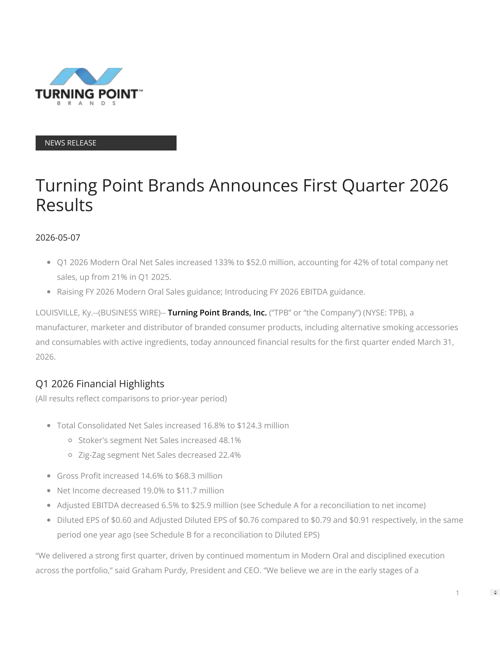 Turning Point Brands' Q1 2026 Press Release