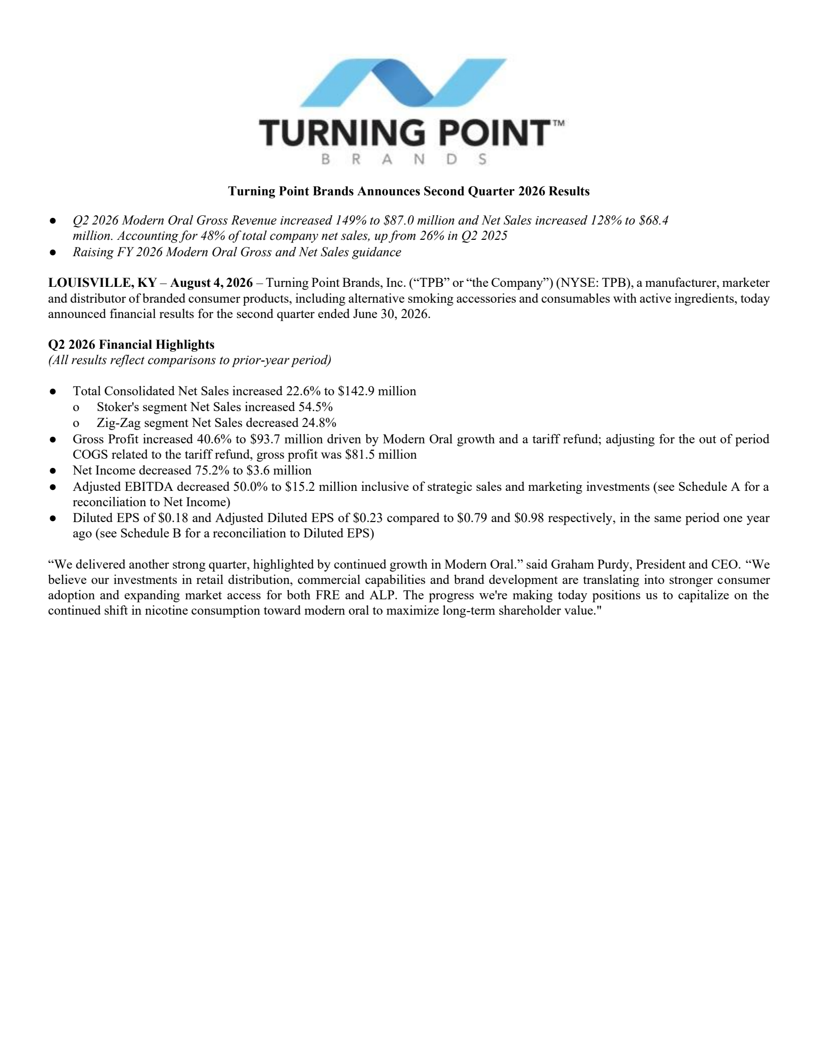 Turning Point Brands' Q2 2026 Press Release