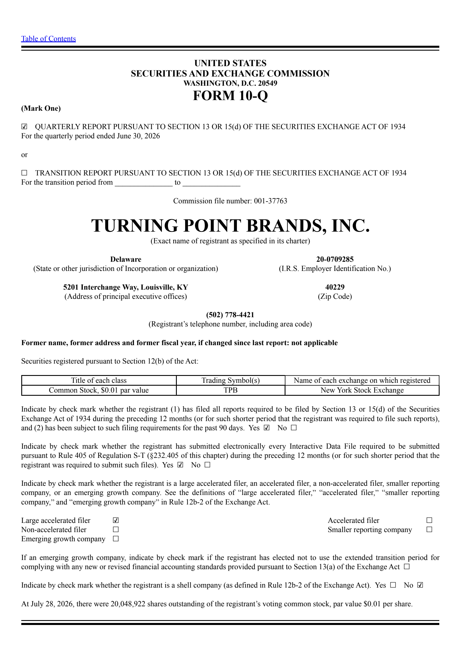 Turning Point Brands' Q2 2026 Quarterly report
