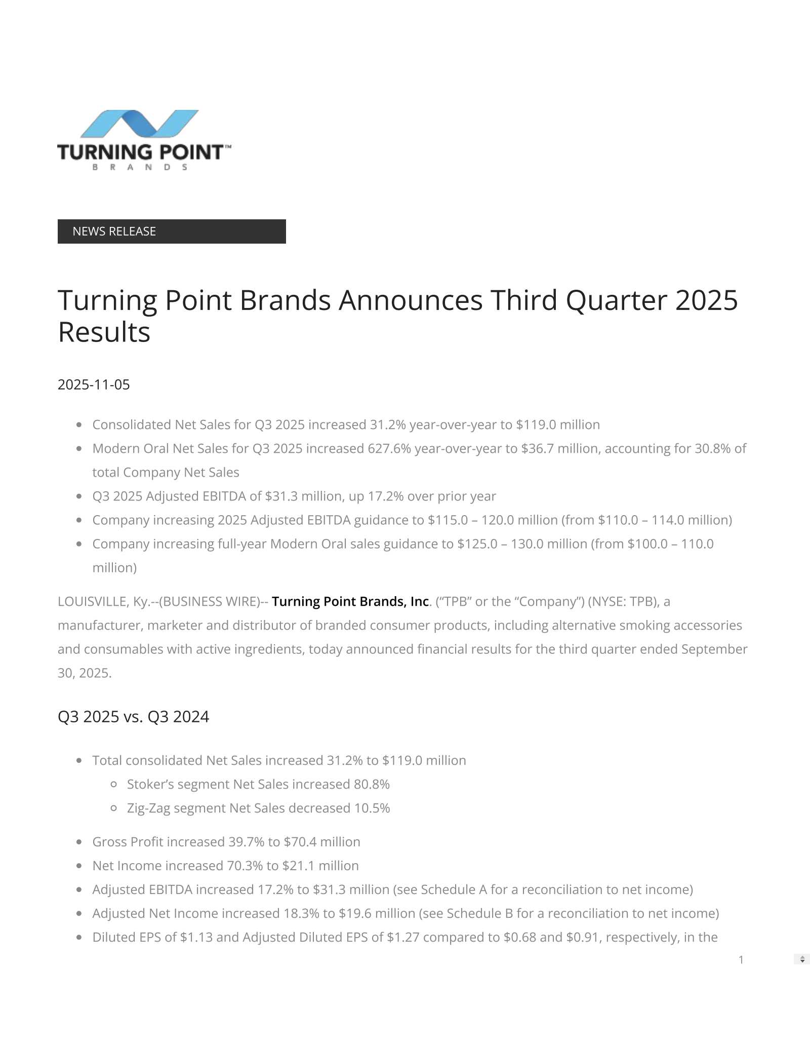 Turning Point Brands' Q3 2025 Earnings Release