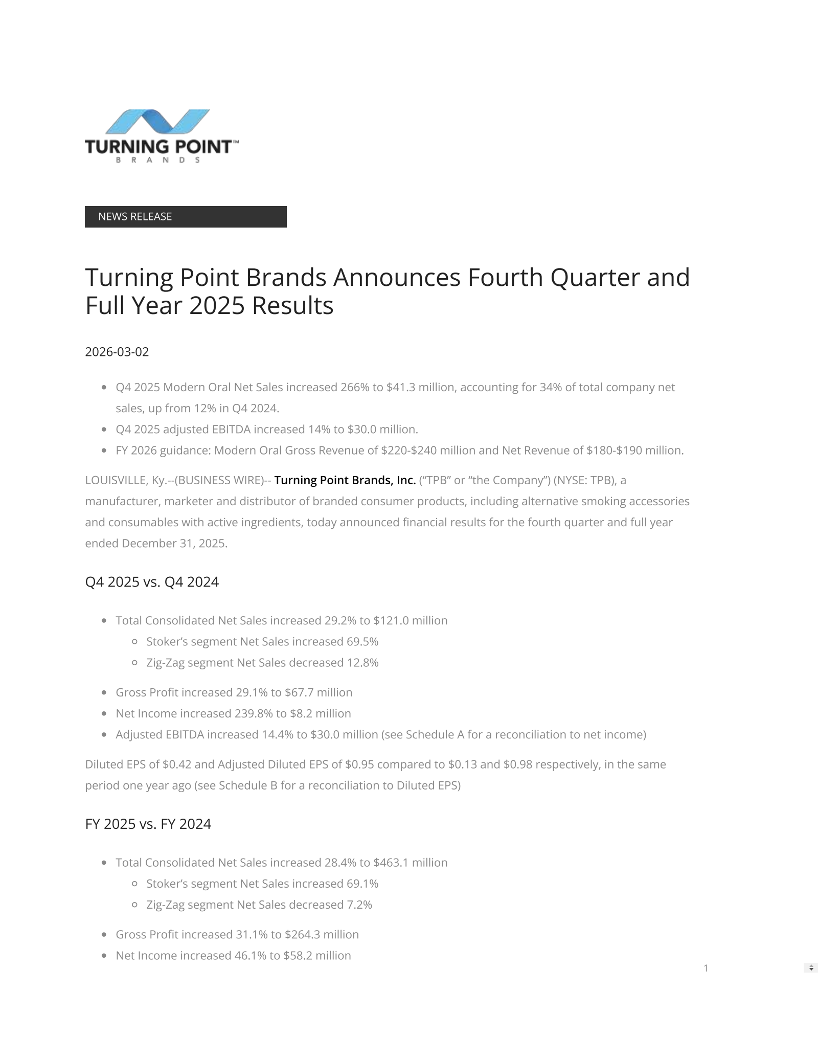 TPB Q4 2025 Earnings Report on 3/2/2026