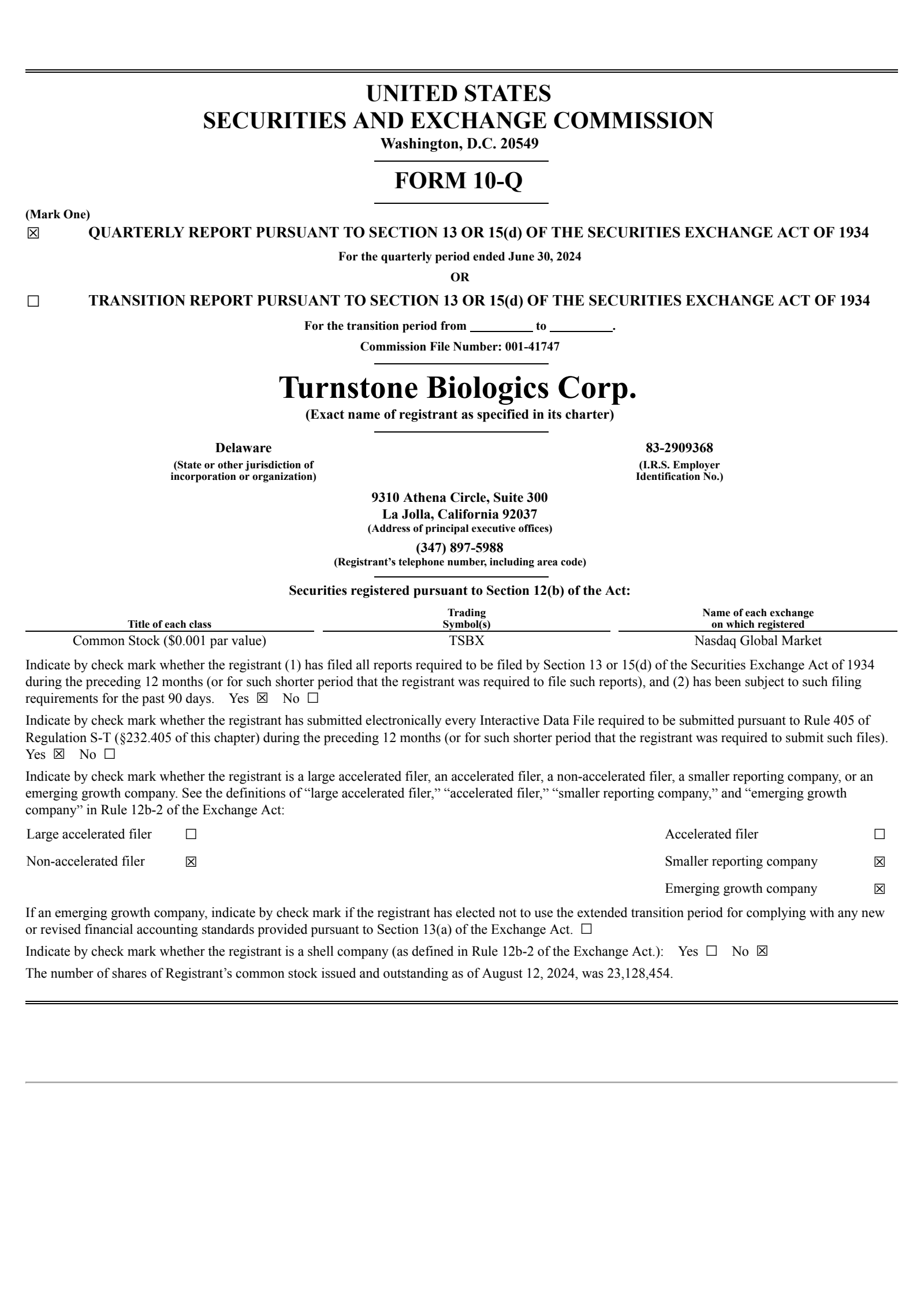 Turnstone Biologics' Q2 2024 Quarterly Report