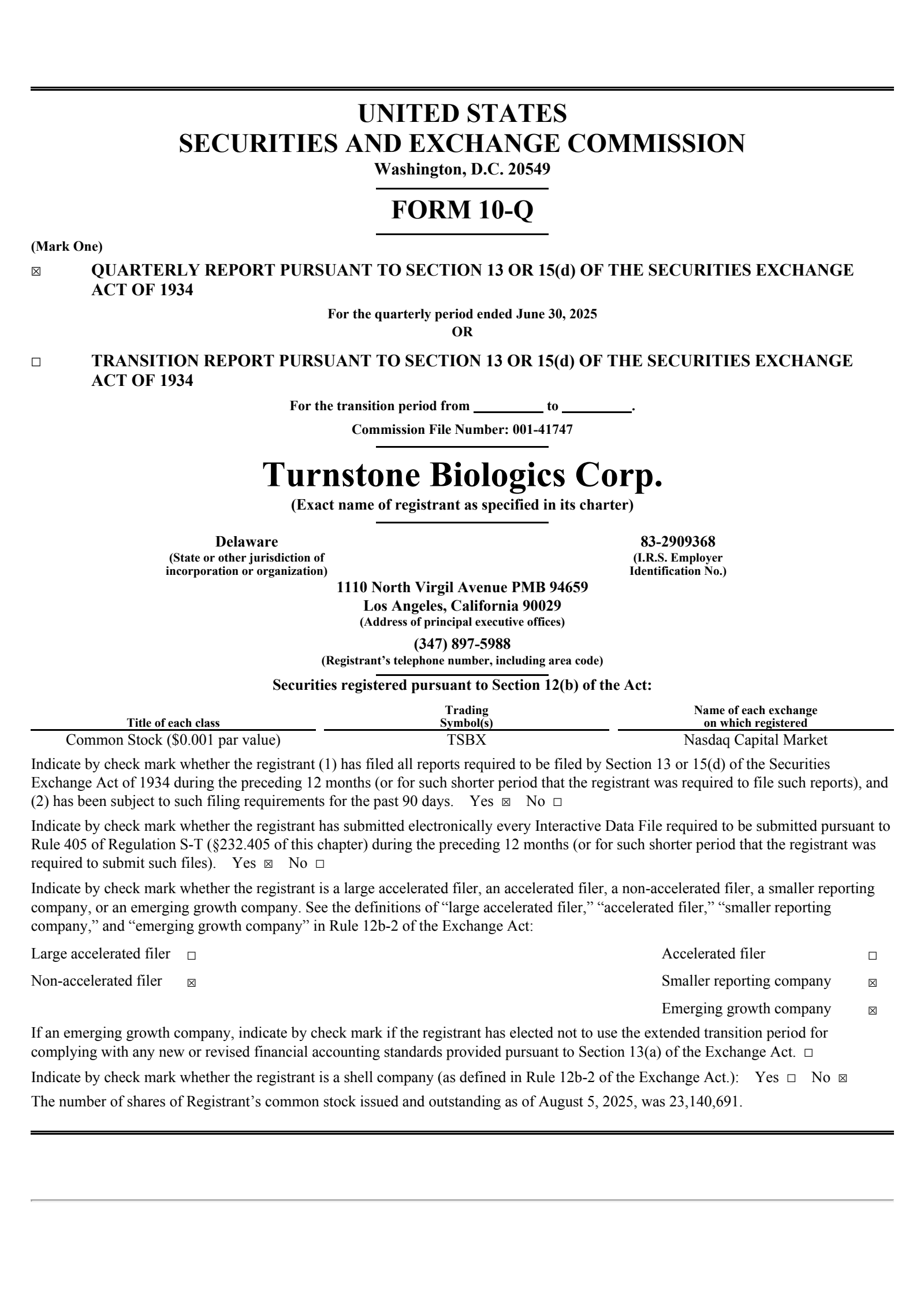 Turnstone Biologics' Q2 2025 Quarterly report