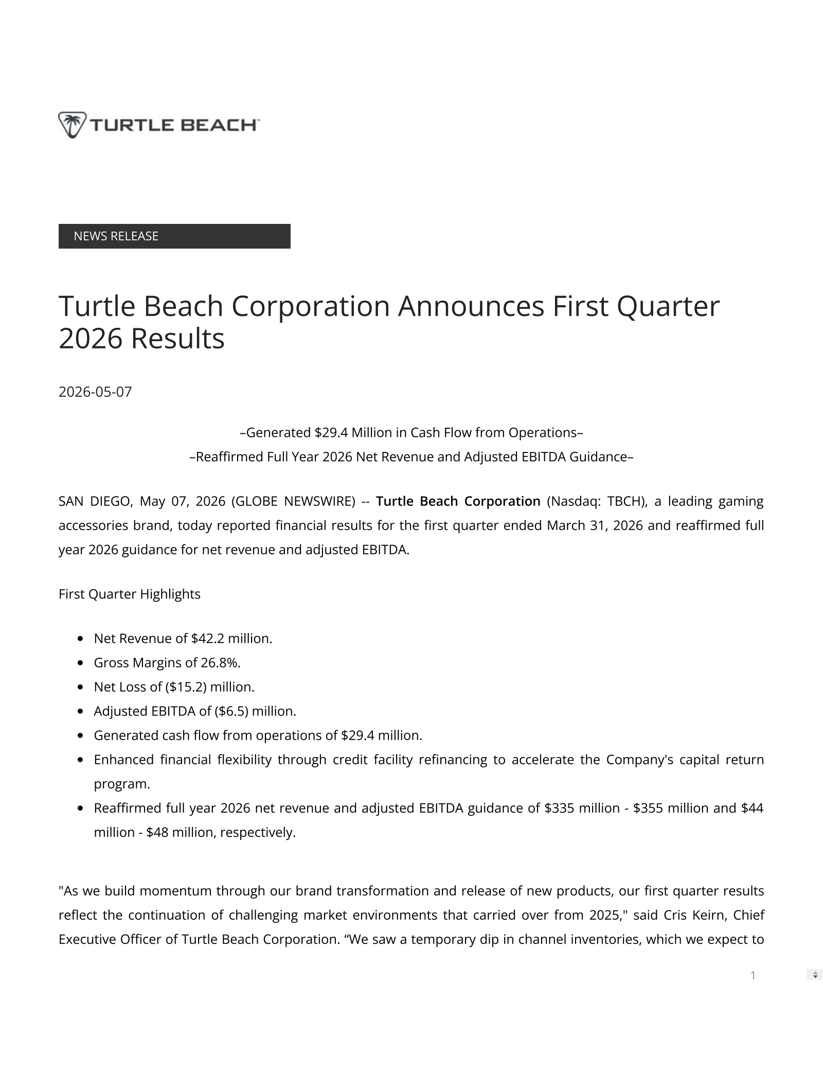 Turtle Beach's Q1 2026 Press Release