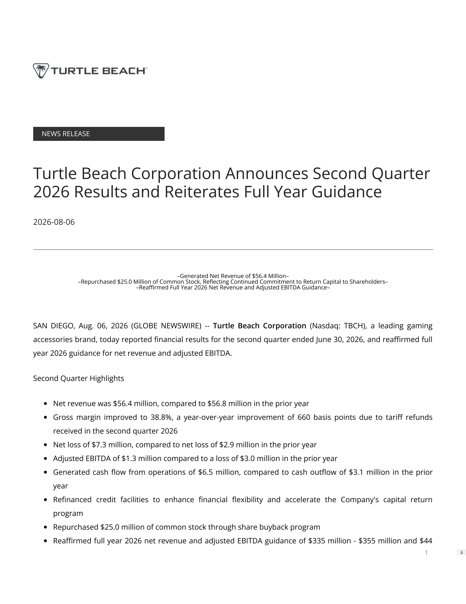 Turtle Beach's Q2 2026 Press Release