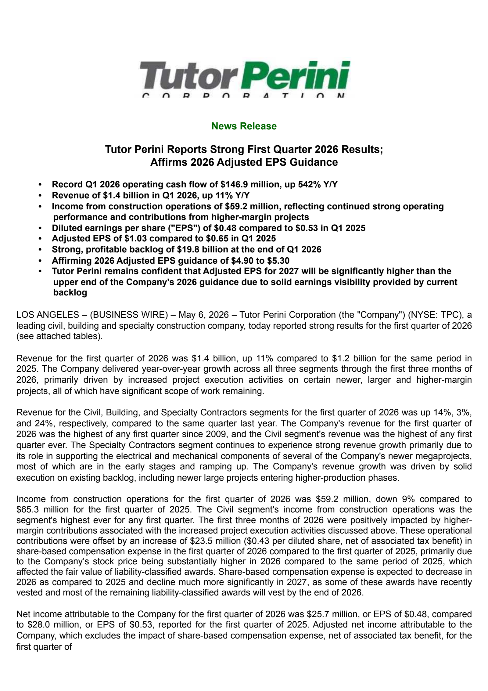 Tutor Perini's Q1 2026 Press Release