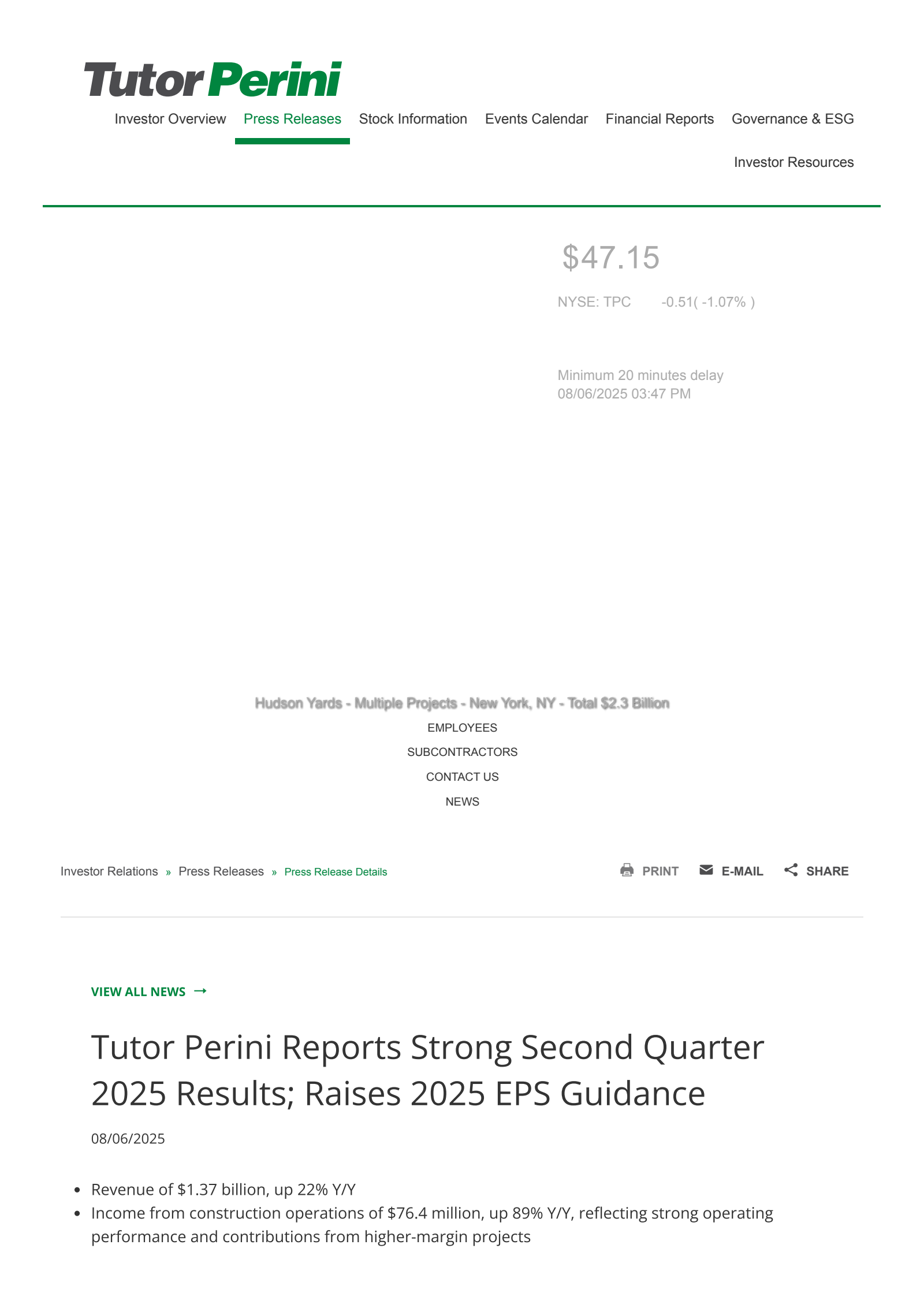 Tutor Perini's Q2 2025 Press Release