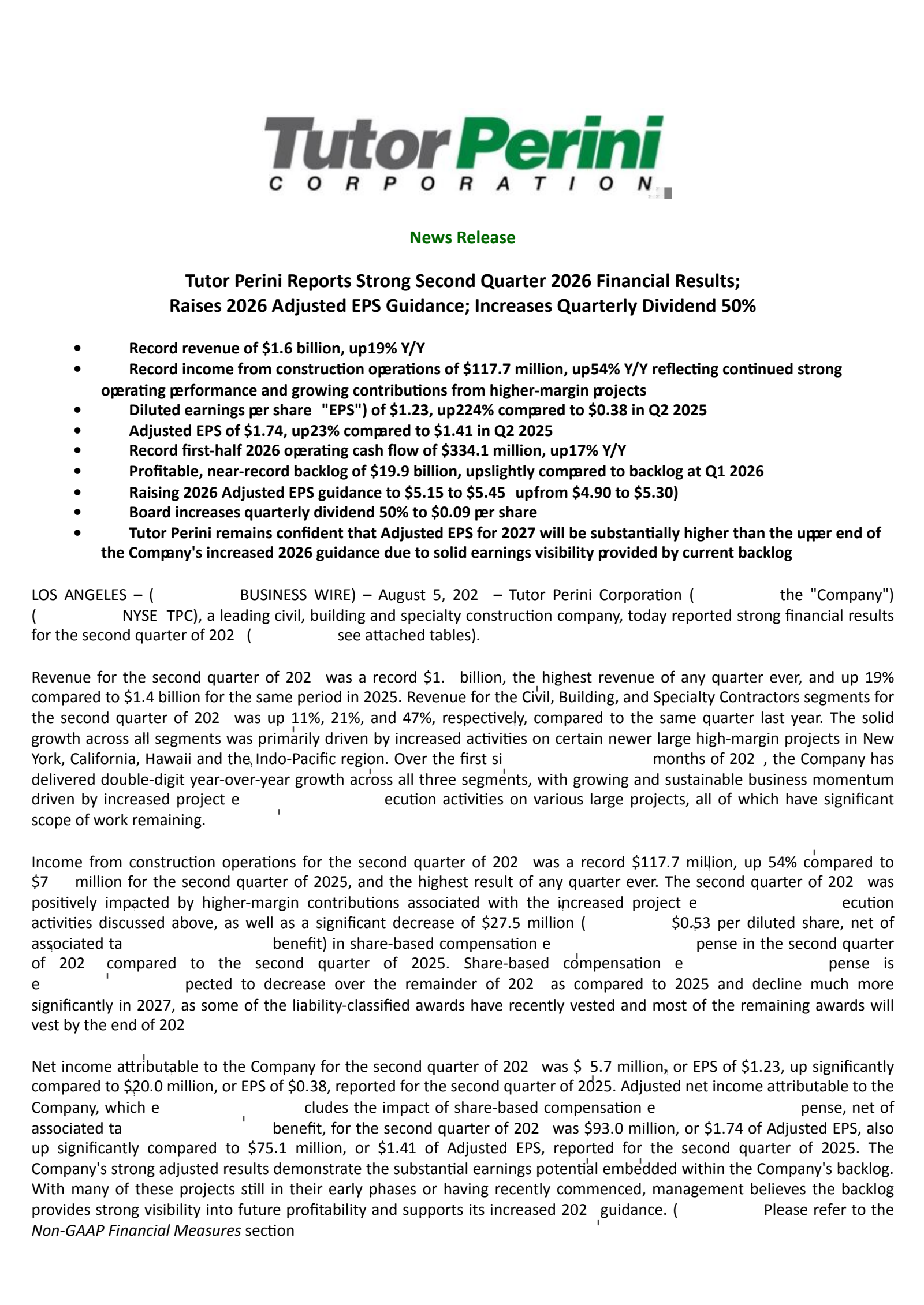 Tutor Perini's Q2 2026 Press Release