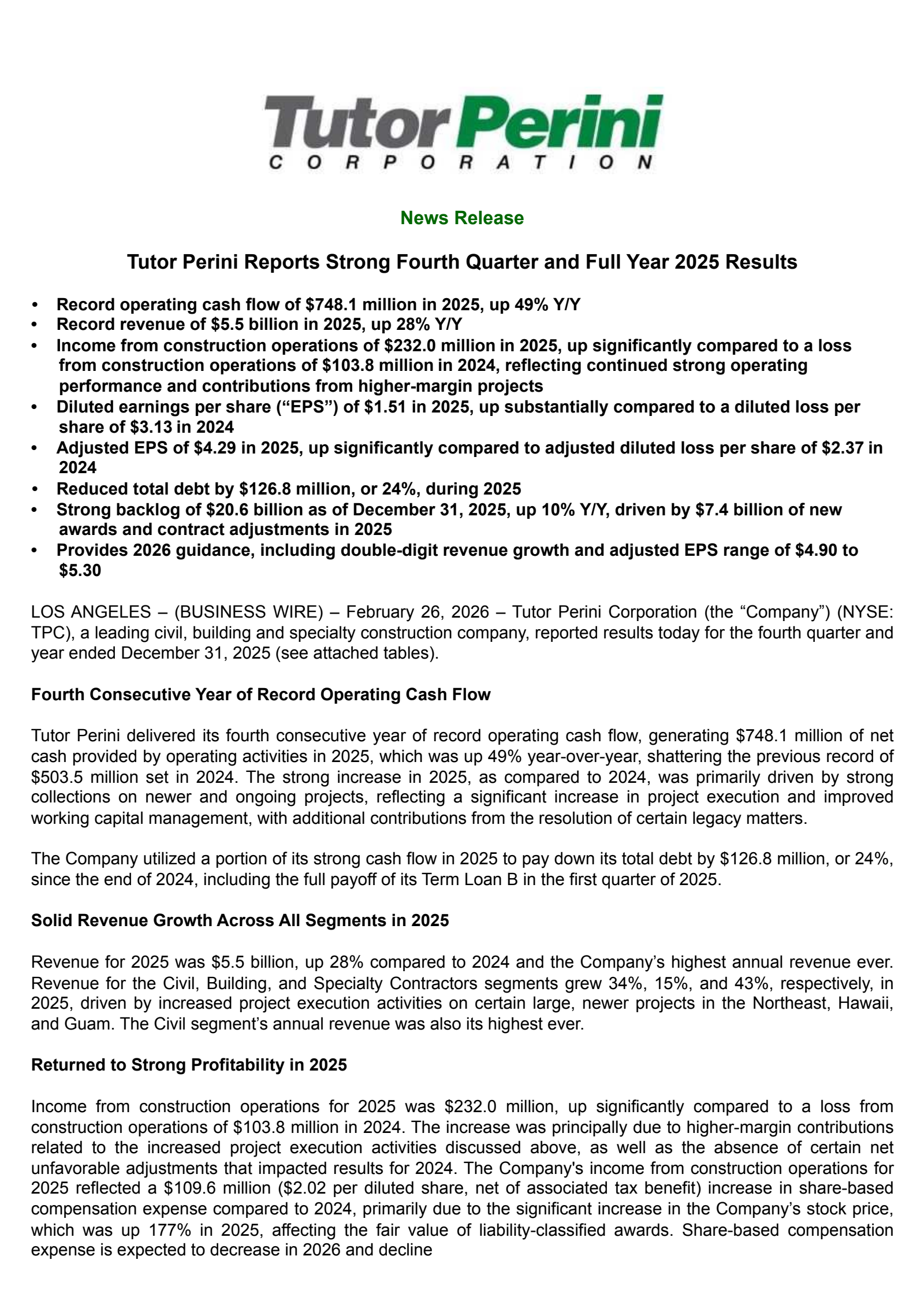 Tutor Perini's Q4 2025 Press Release