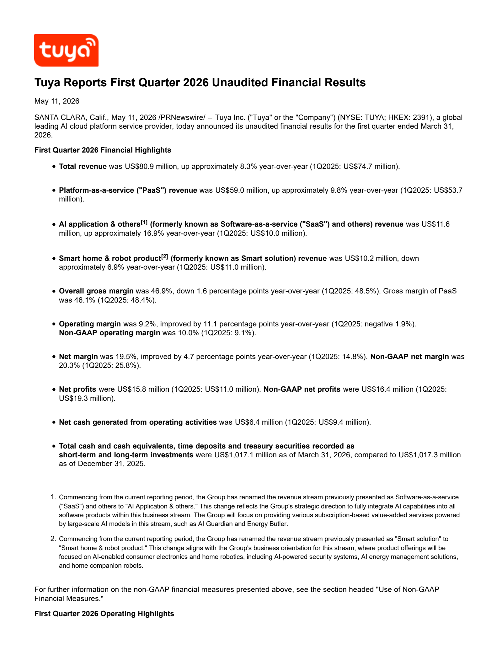 Tuya's Q1 2026 Press Release
