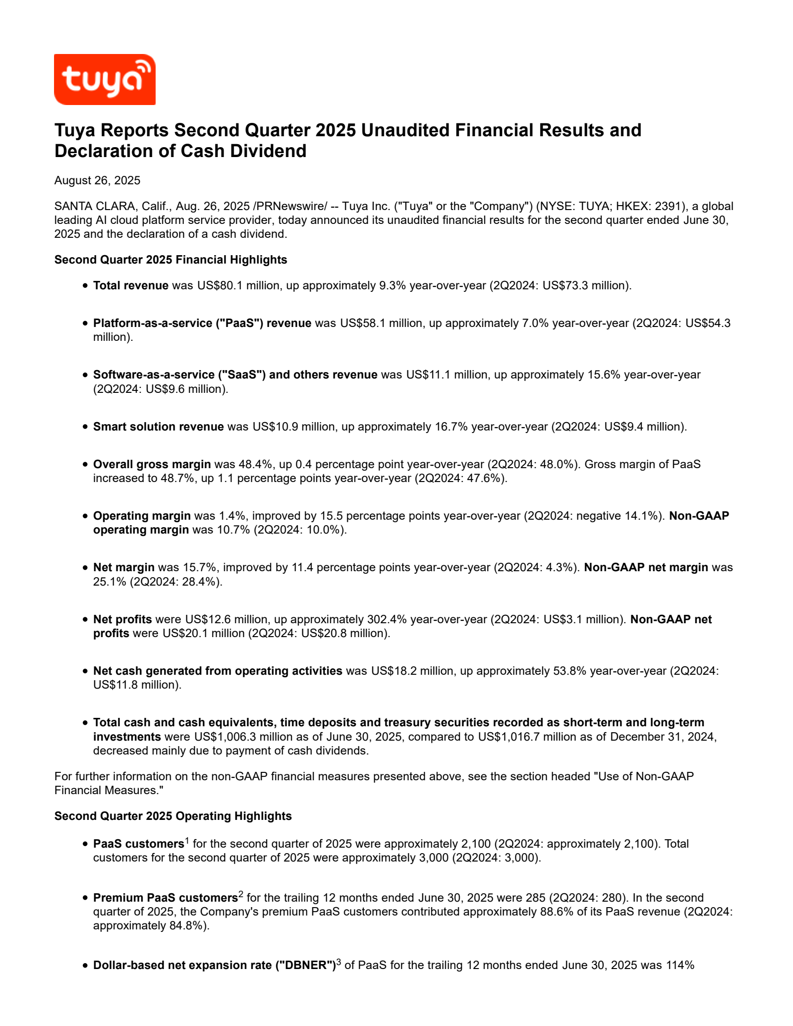 Tuya's Q2 2025 Press Release