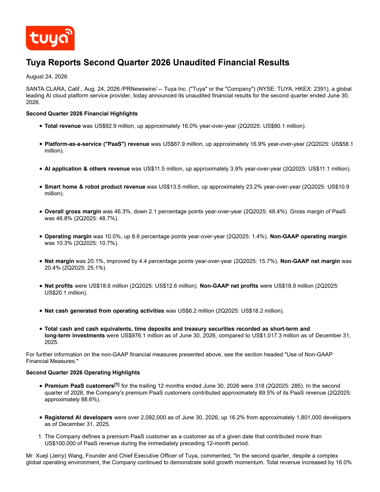 Tuya's Q2 2026 Press Release