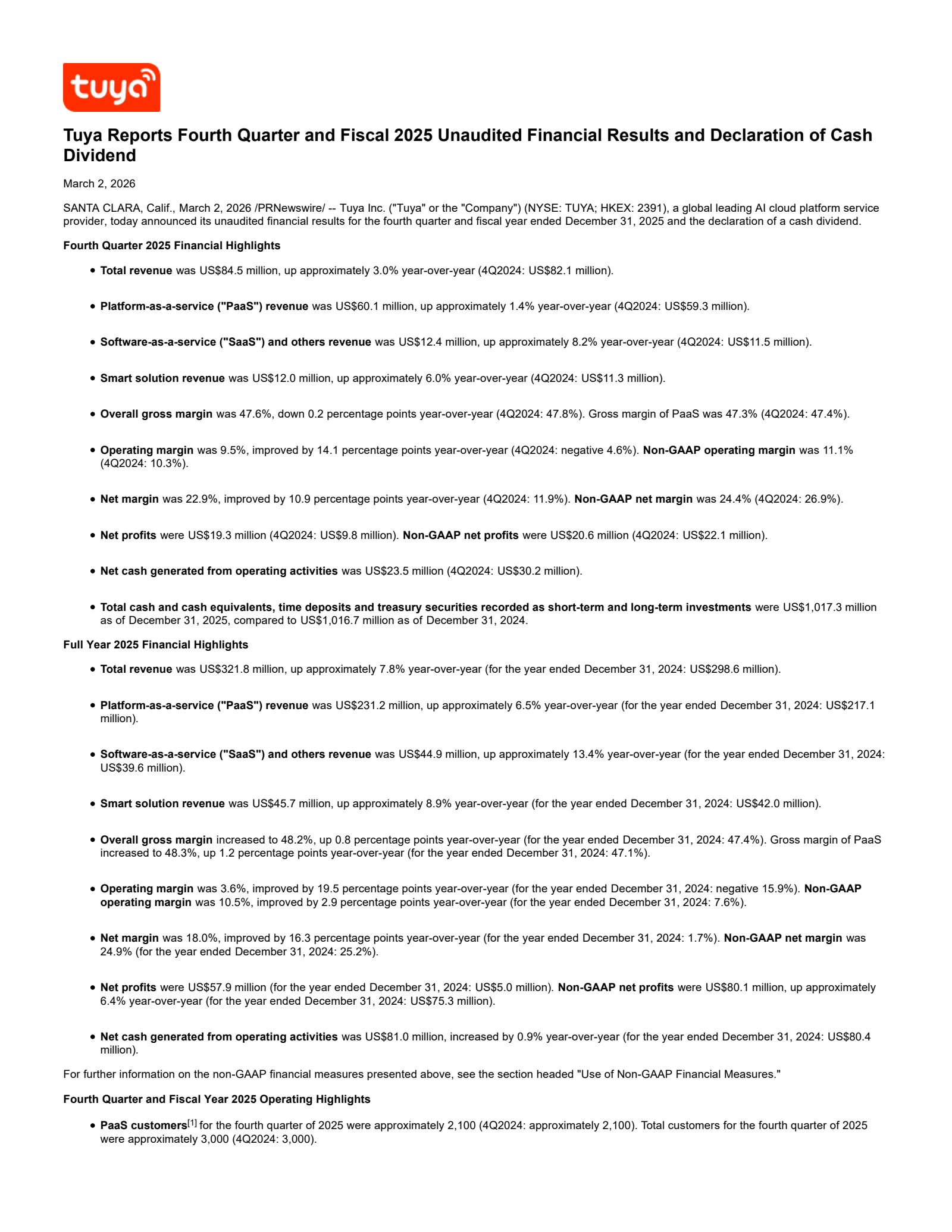 Tuya's Q4 2025 Press Release